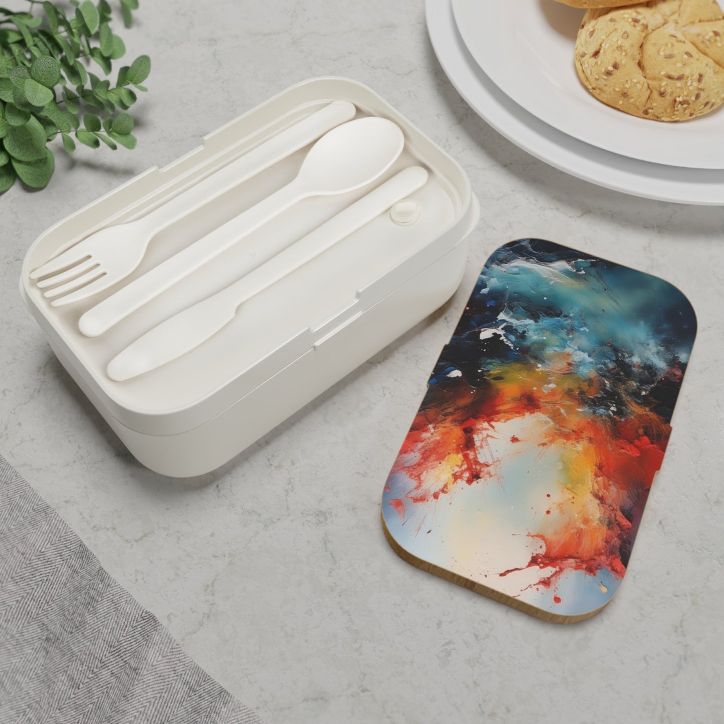 Stylish Bento Box Lunchbox – Portable, Designed Food Container with Wooden Lid & Two Moveable Compartments for Work, School & Picnics