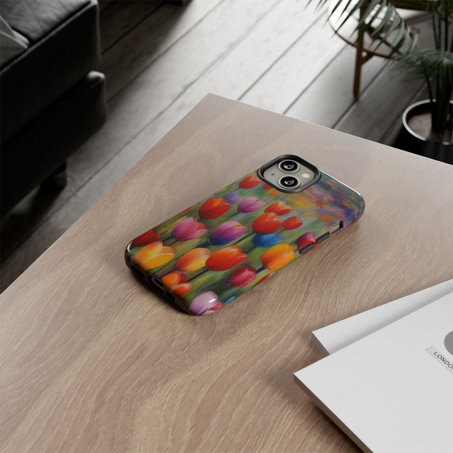 iPhone Tough Case Phone Case for iPhone 14\15\16 – Dual Layer, Matte/Glossy Finish, Wireless Charging Compatible, Colorful Tulip Phone Case