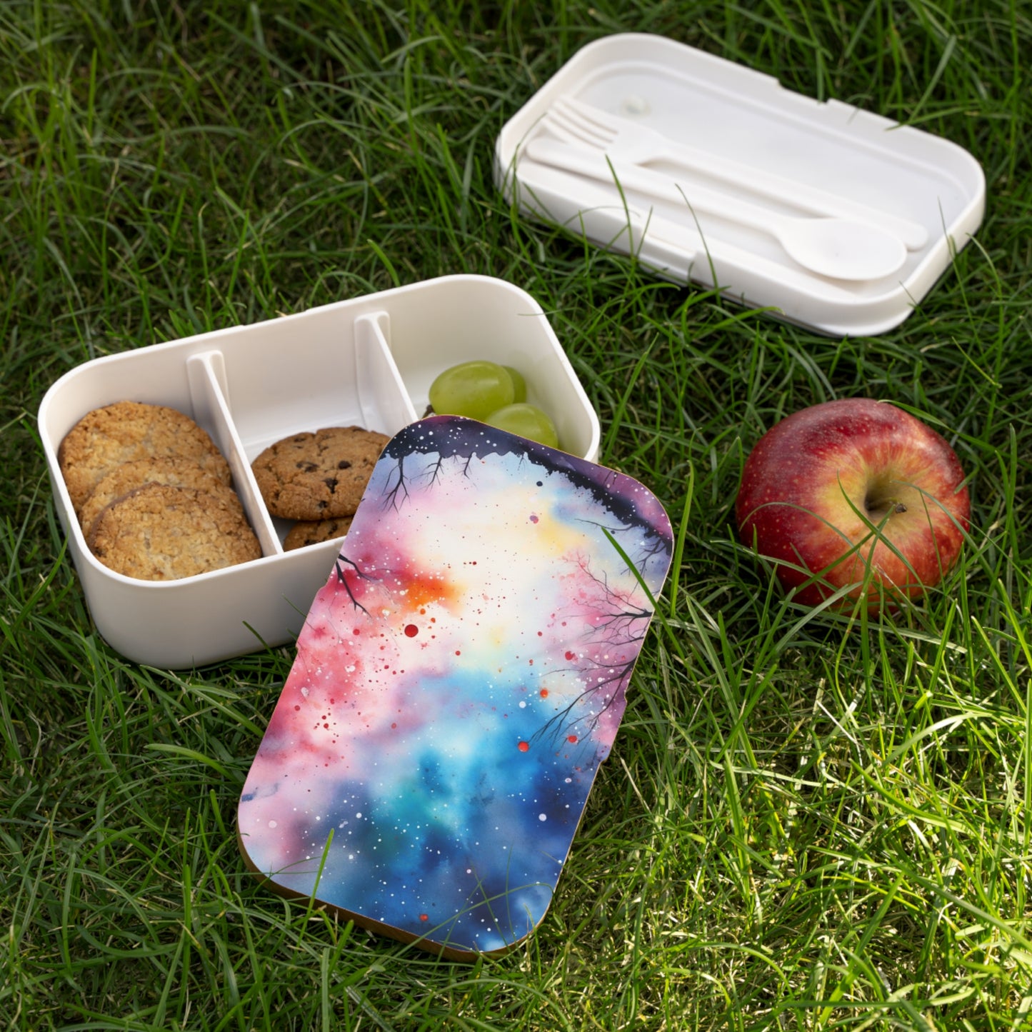 Stylish Bento Box Lunchbox – Portable, Designed Food Container with Wooden Lid & Two Moveable Compartments for Work, School & Picnics