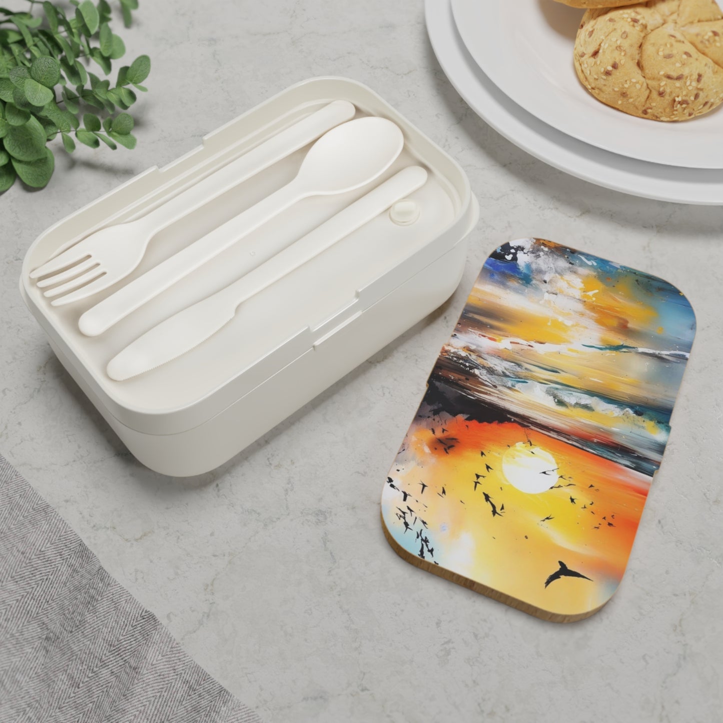 Stylish Bento Box Lunchbox – Portable, Designed Food Container with Wooden Lid & Two Moveable Compartments for Work, School & Picnics