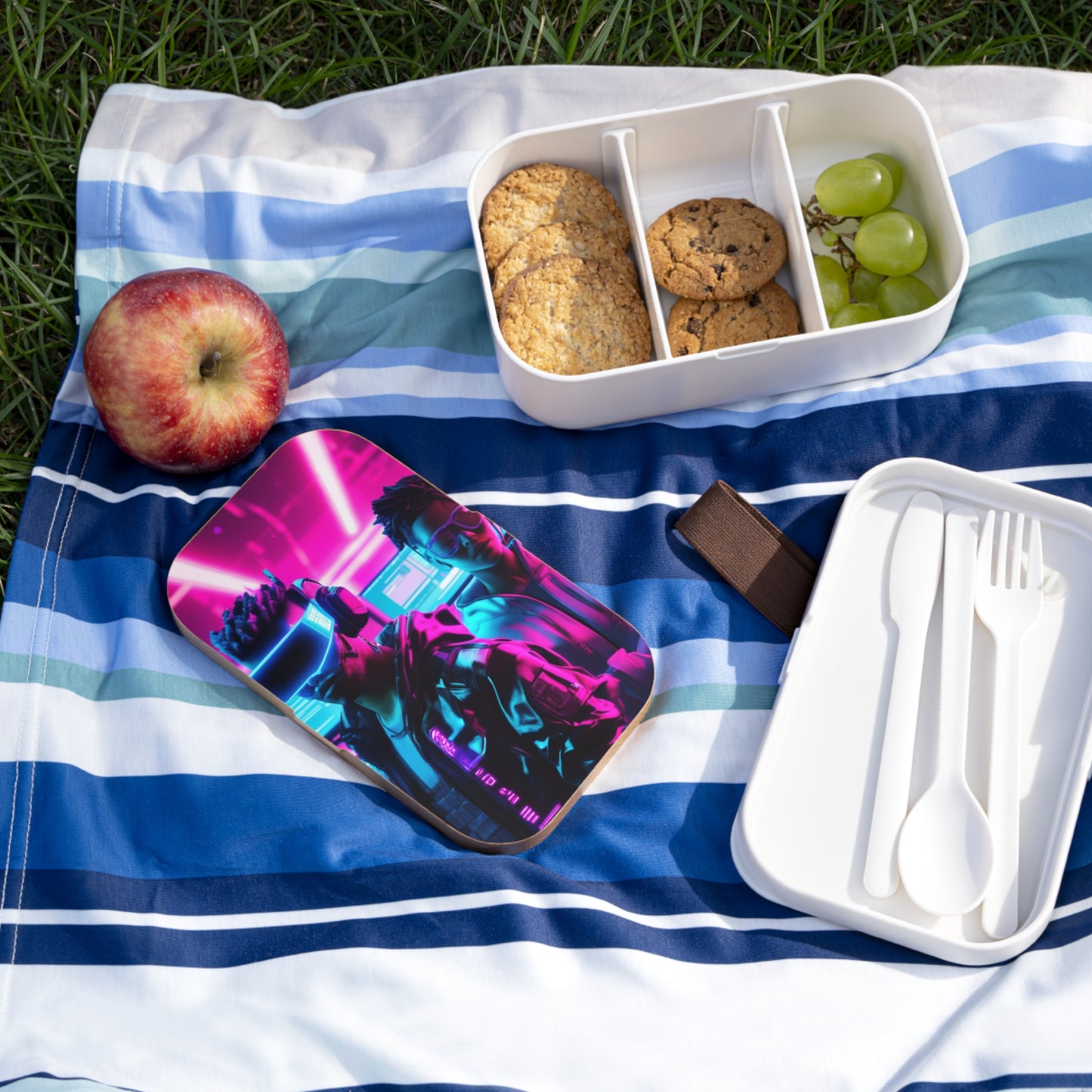 Stylish Bento Box Lunchbox – Portable, Designer Food Container with Wooden Lid & Two Moveable Compartments for Work, School & Picnics, Cyberpunk Bento Lunch Box - Stylish & Functional Meal Container