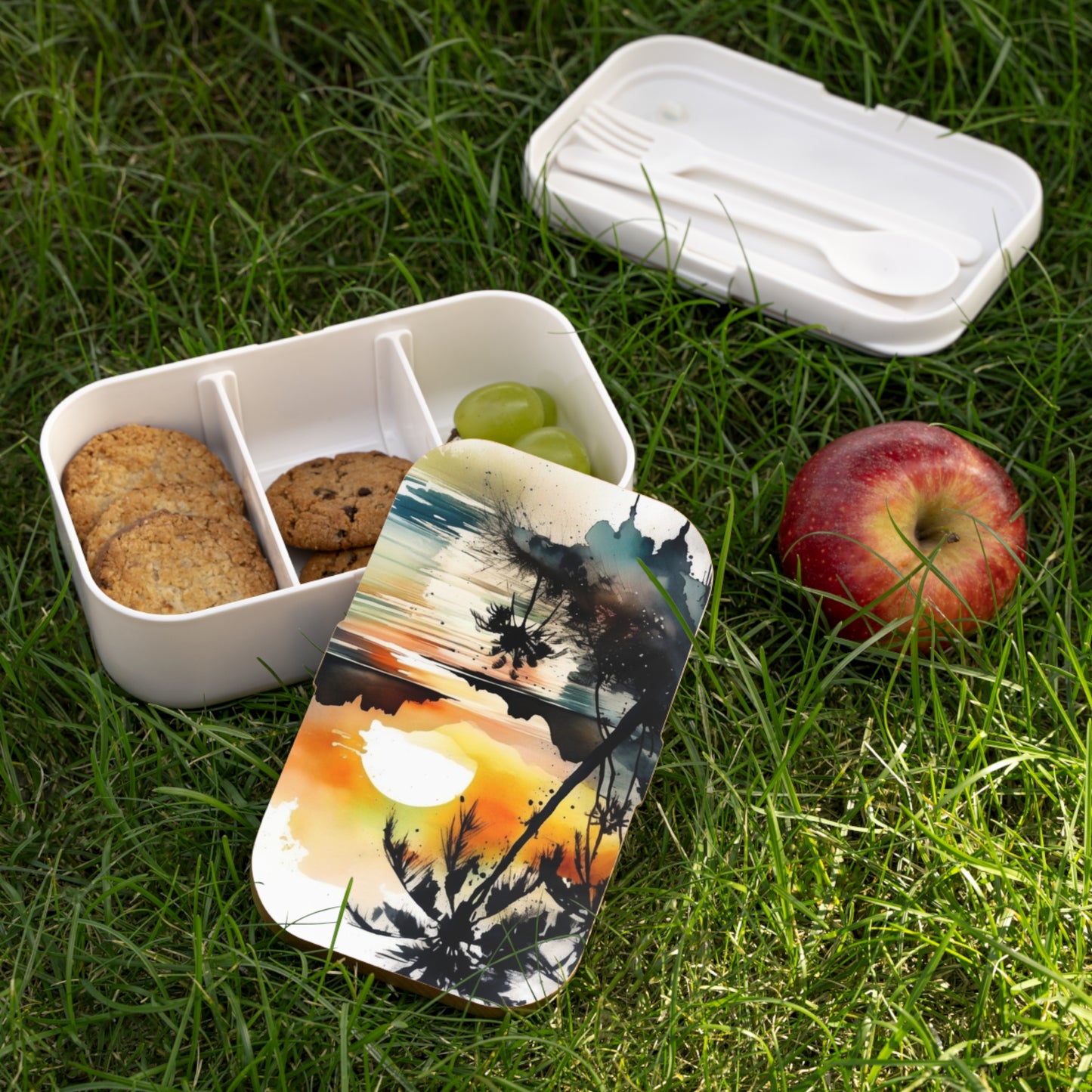 Stylish Bento Box Lunchbox – Portable, Designer Food Container with Wooden Lid & Two Moveable Compartments for Work, School & Picnics