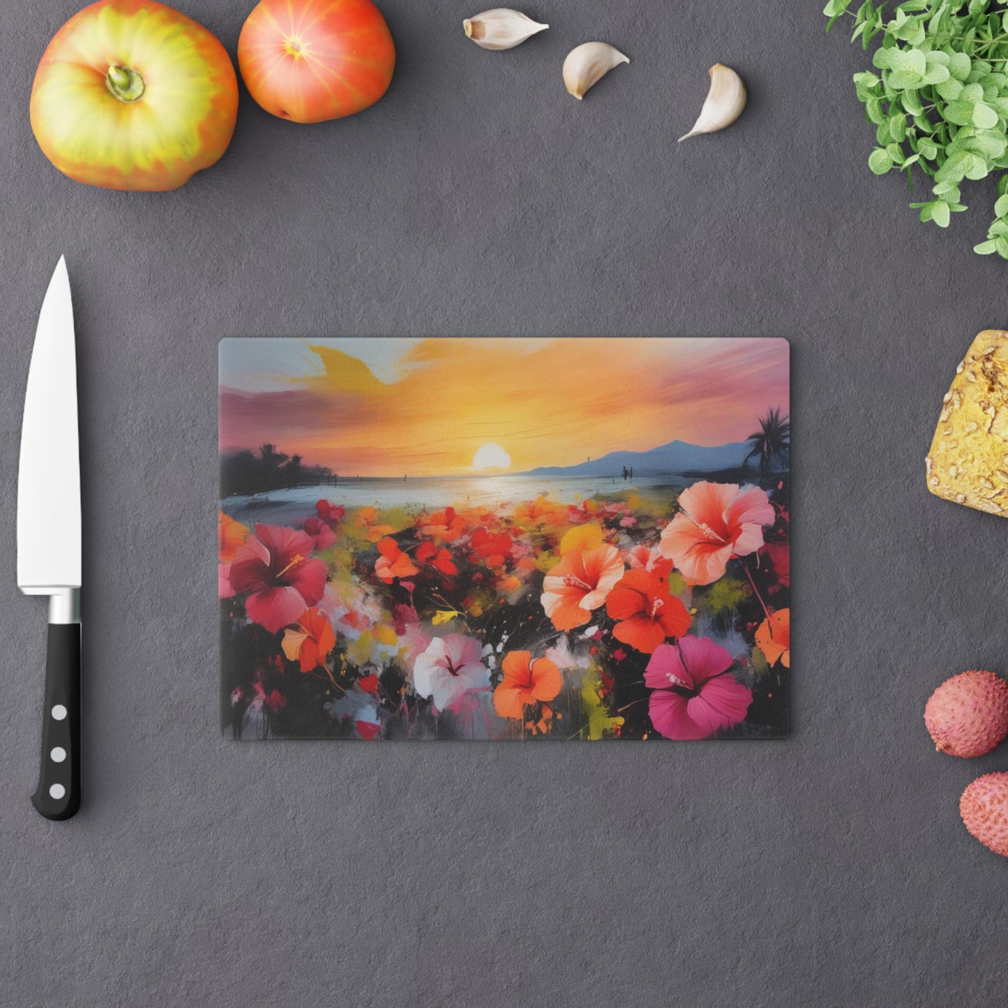 Tempered Glass Cutting Board – Hygienic, Scratch-Resistant, Dishwasher-Safe | Modern Kitchen Essential, Vibrant Floral Sunset Cutting Board - Artistic Kitchen Decor