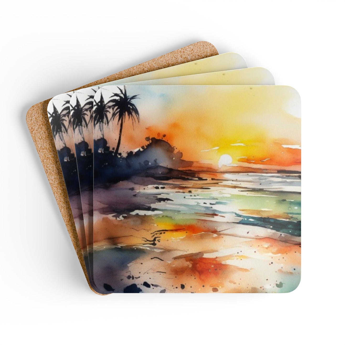 Artistic Cork Coaster Set with Sunset Design. Beach Lovers.