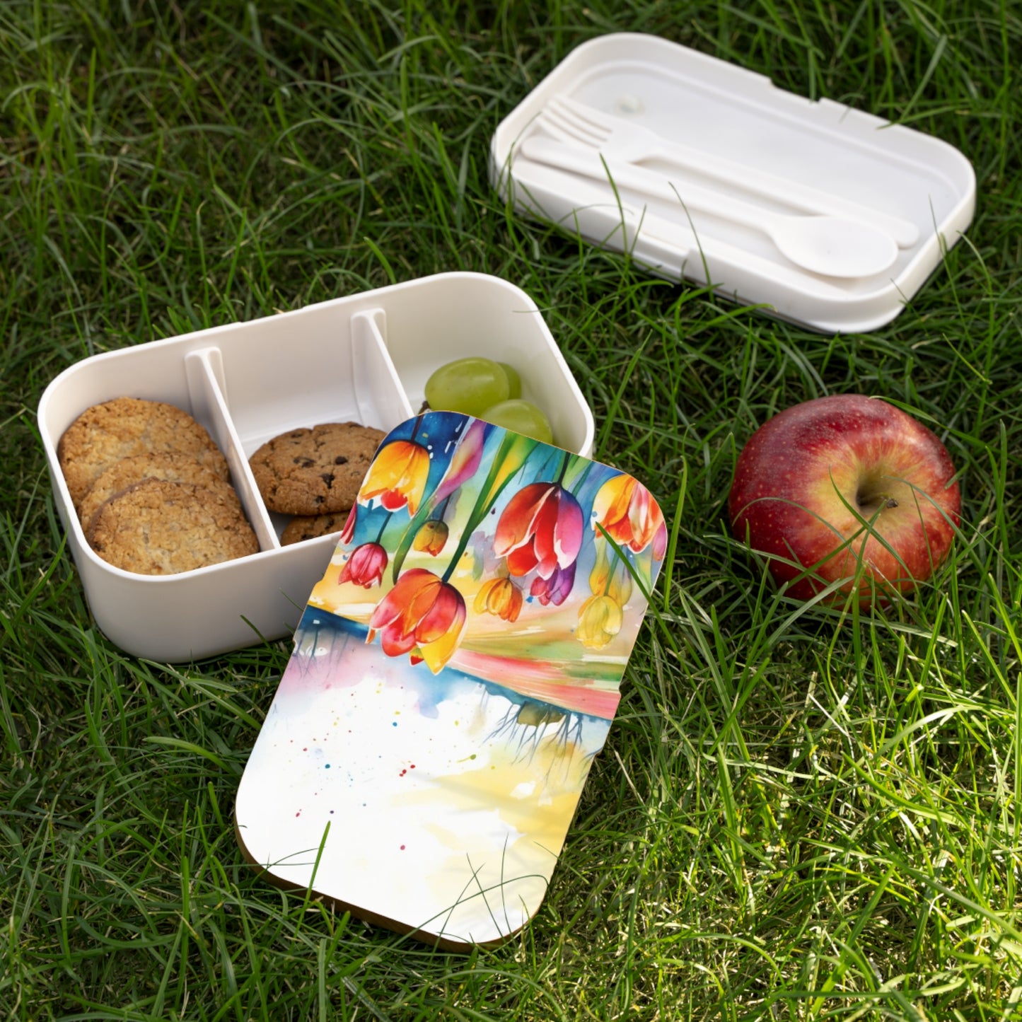 Stylish Bento Box Lunchbox – Portable, Designer Food Container with Wooden Lid & Two Moveable Compartments for Work, School & Picnics