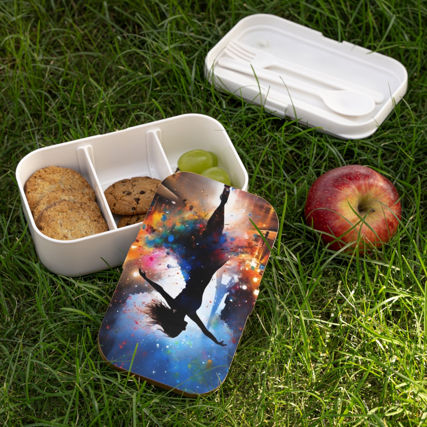 Stylish Bento Box Lunchbox – Portable, Designed Food Container with Wooden Lid & Two Moveable Compartments for Work, School & Picnics