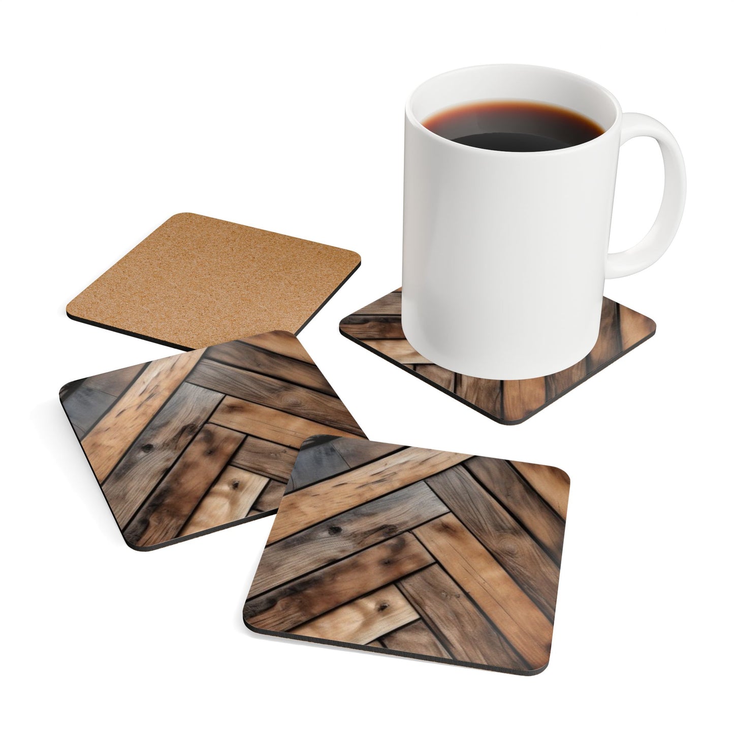 Designer Cork Coaster Set – High-Gloss Drink Coasters with Cork Backing (Set of 4) Rustic Corkwood Coaster Set - Eco-Friendly Drinkware Essentials for Home Decor and Gifts