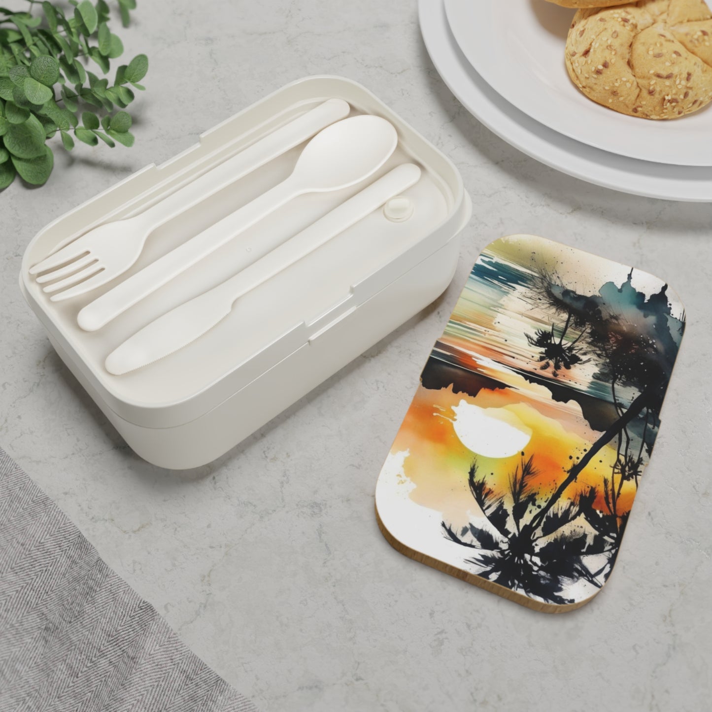 Stylish Bento Box Lunchbox – Portable, Designer Food Container with Wooden Lid & Two Moveable Compartments for Work, School & Picnics