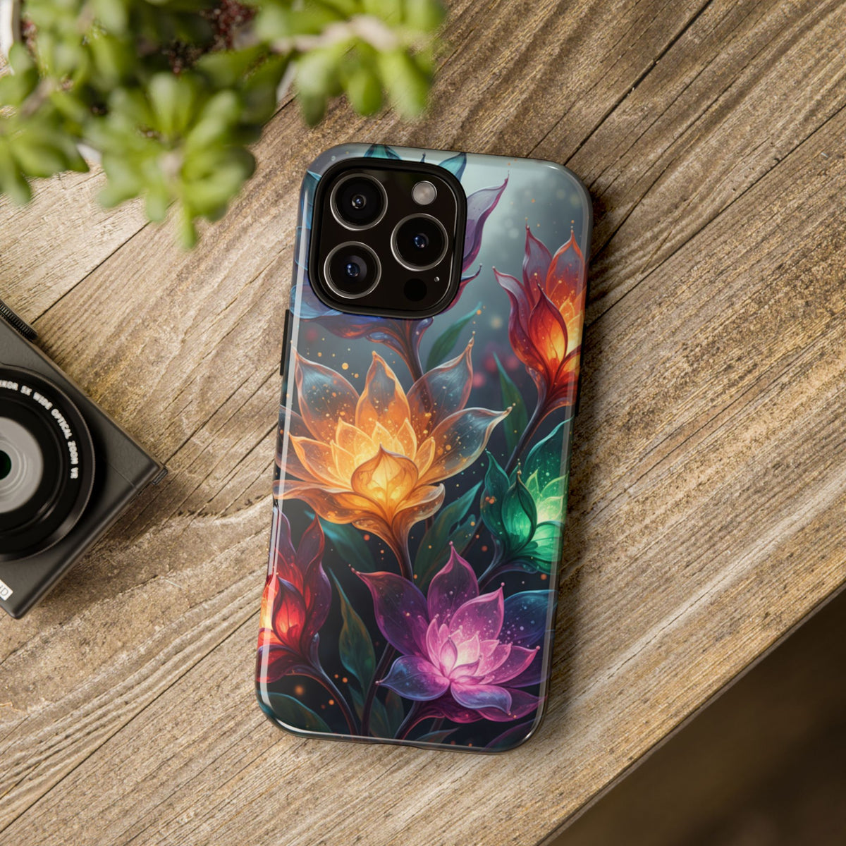 iPhone Tough Cases Phone Cases for iPhone 14\15\16\17 – Dual Layer, Matte/Glossy Finish, Wireless Charging CompatibleFloral Lotus Tough Phone Case - Colorful Glowing Flowers Protective Cover