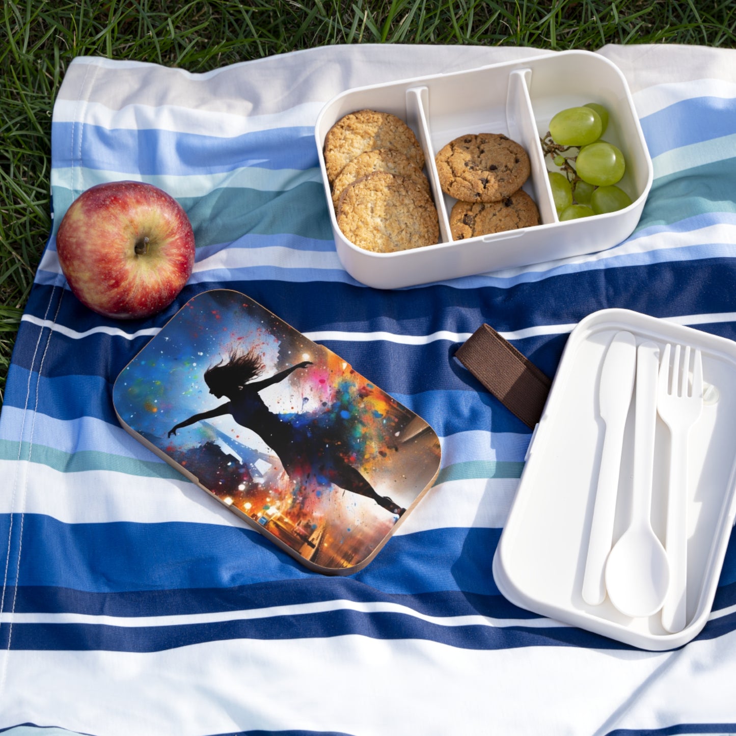 Stylish Bento Box Lunchbox – Portable, Designed Food Container with Wooden Lid & Two Moveable Compartments for Work, School & Picnics