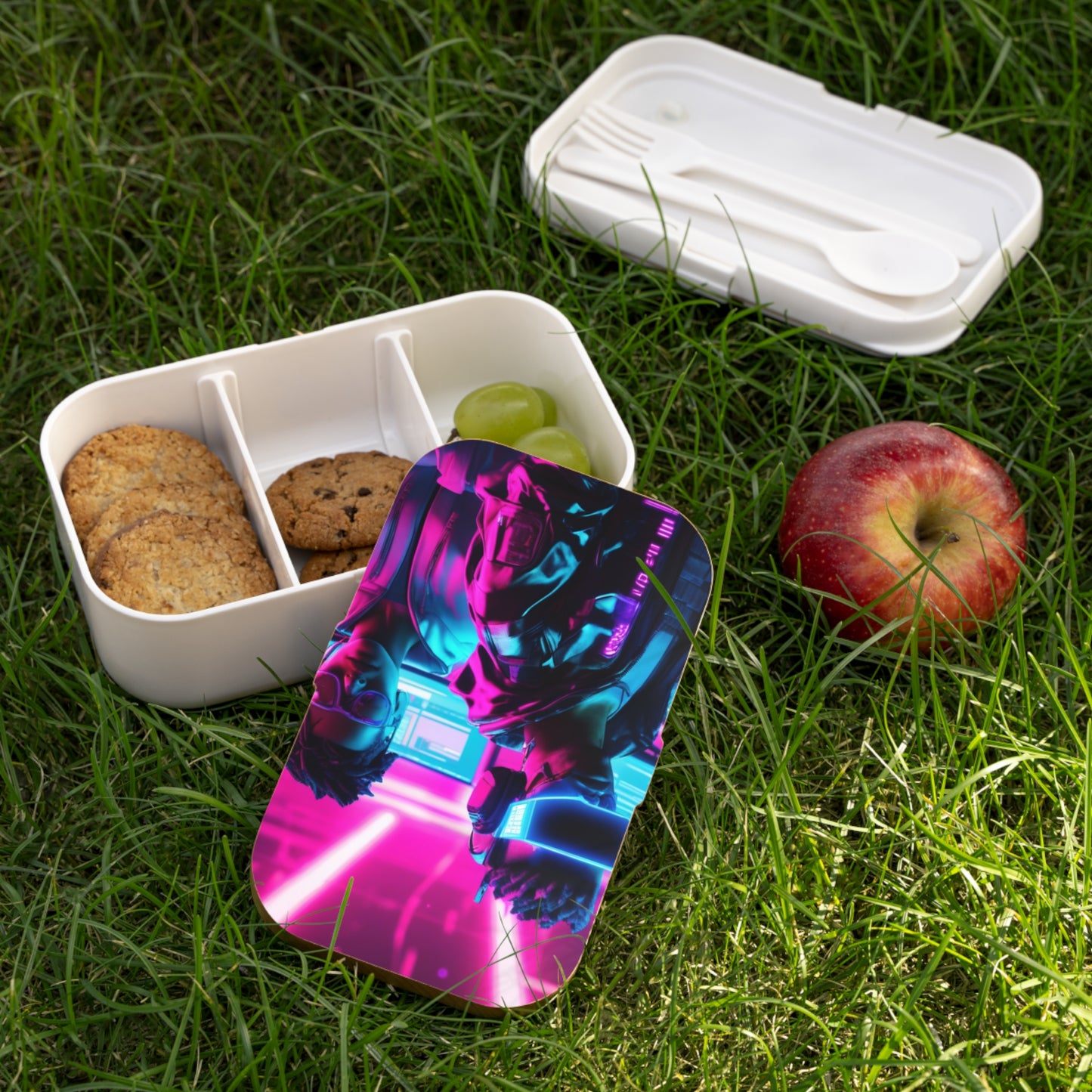 Stylish Bento Box Lunchbox – Portable, Designer Food Container with Wooden Lid & Two Moveable Compartments for Work, School & Picnics, Cyberpunk Bento Lunch Box - Stylish & Functional Meal Container
