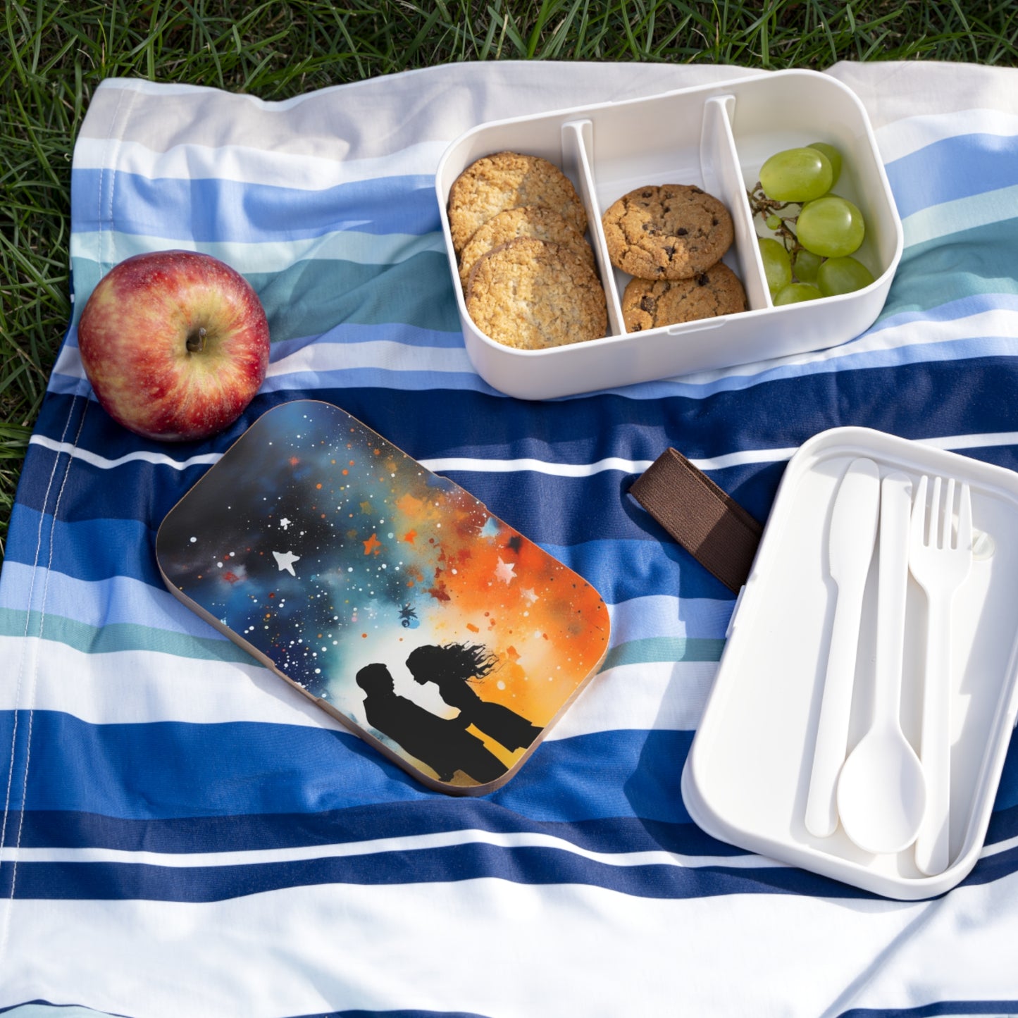 Stylish Bento Box Lunchbox – Portable, Designed Food Container with Wooden Lid & Two Moveable Compartments for Work, School & Picnics