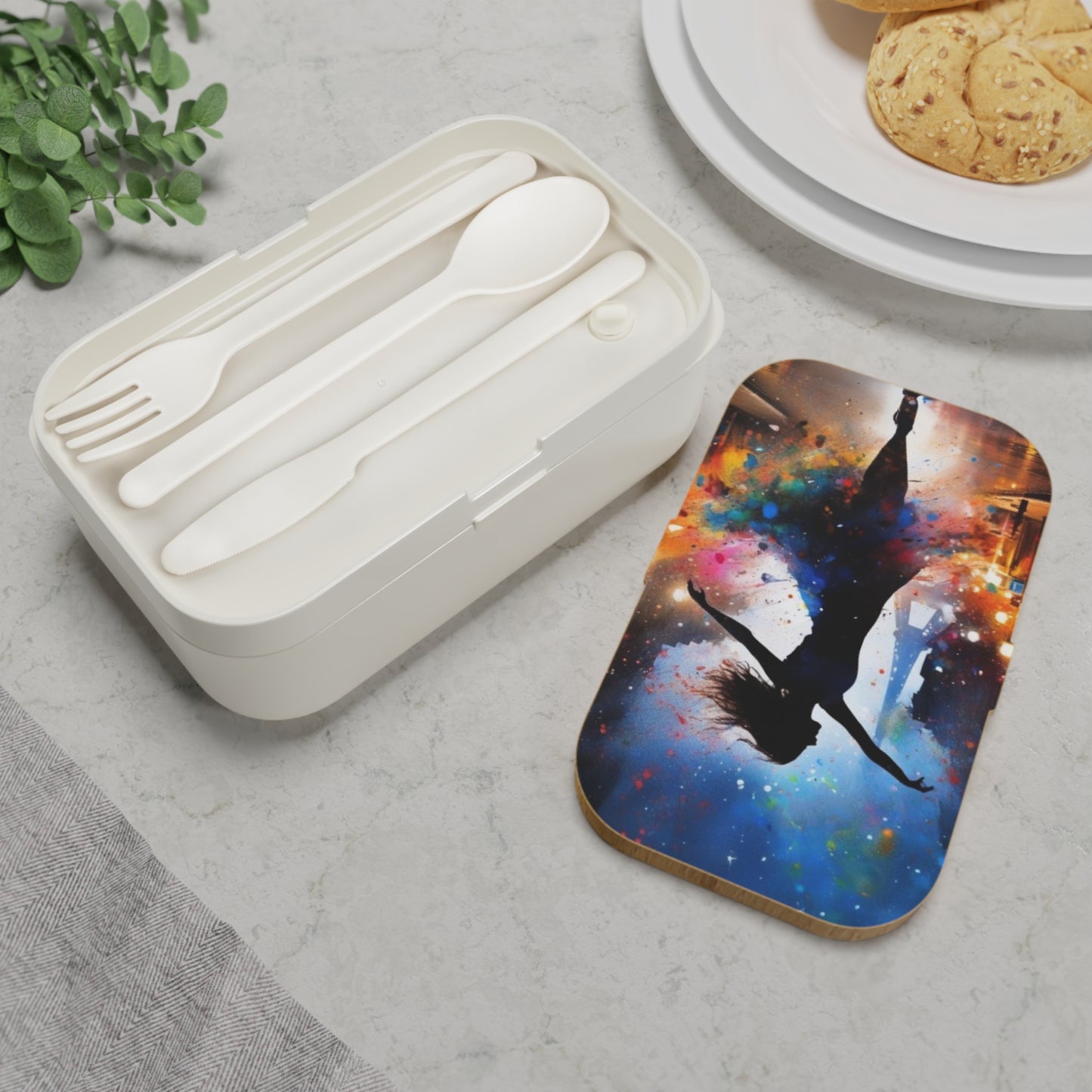 Stylish Bento Box Lunchbox – Portable, Designed Food Container with Wooden Lid & Two Moveable Compartments for Work, School & Picnics