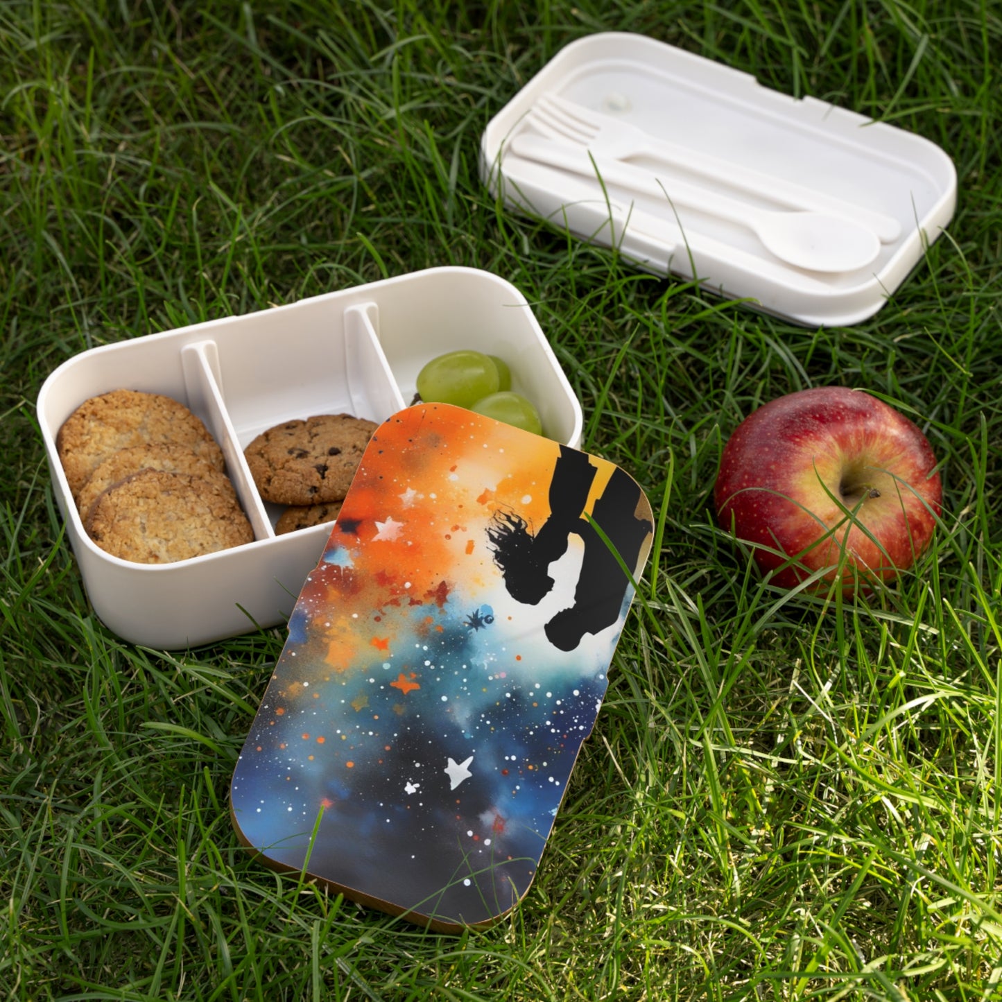 Stylish Bento Box Lunchbox – Portable, Designed Food Container with Wooden Lid & Two Moveable Compartments for Work, School & Picnics