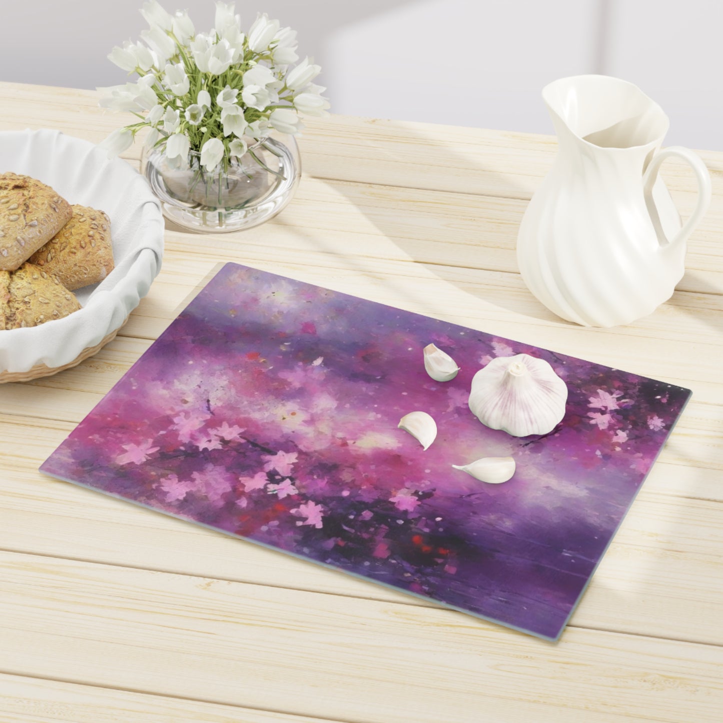 Tempered Glass Cutting Board – Hygienic, Scratch-Resistant, Dishwasher-Safe | Modern Kitchen Essential, Floral Artistic Cutting Board - Purple Blossom Design