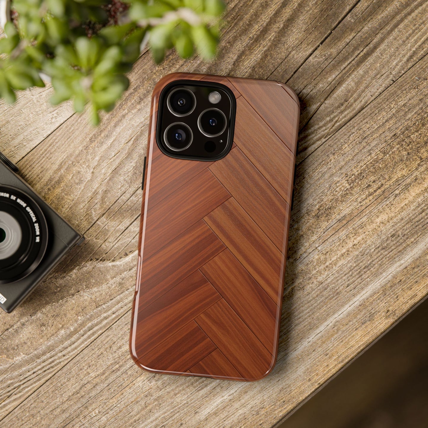 iPhone Tough Cases Phone Cases for iPhone 14\15\16\17 – Dual Layer, Matte/Glossy Finish, Wireless Charging Compatible. Plastic Woodgrain Herringbone Design Phone Case