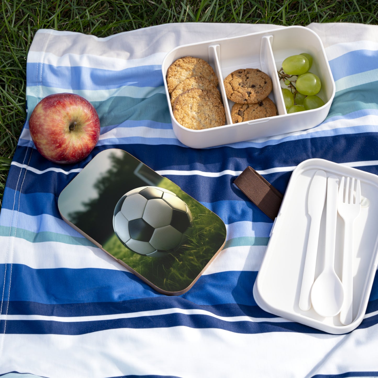 Stylish Bento Box Lunchbox – Portable, Designer Food Container with Wooden Lid & Two Moveable Compartments for Work, School & Picnics, Soccer Bento Lunch Box - Perfect for Sports Events & School Lunches