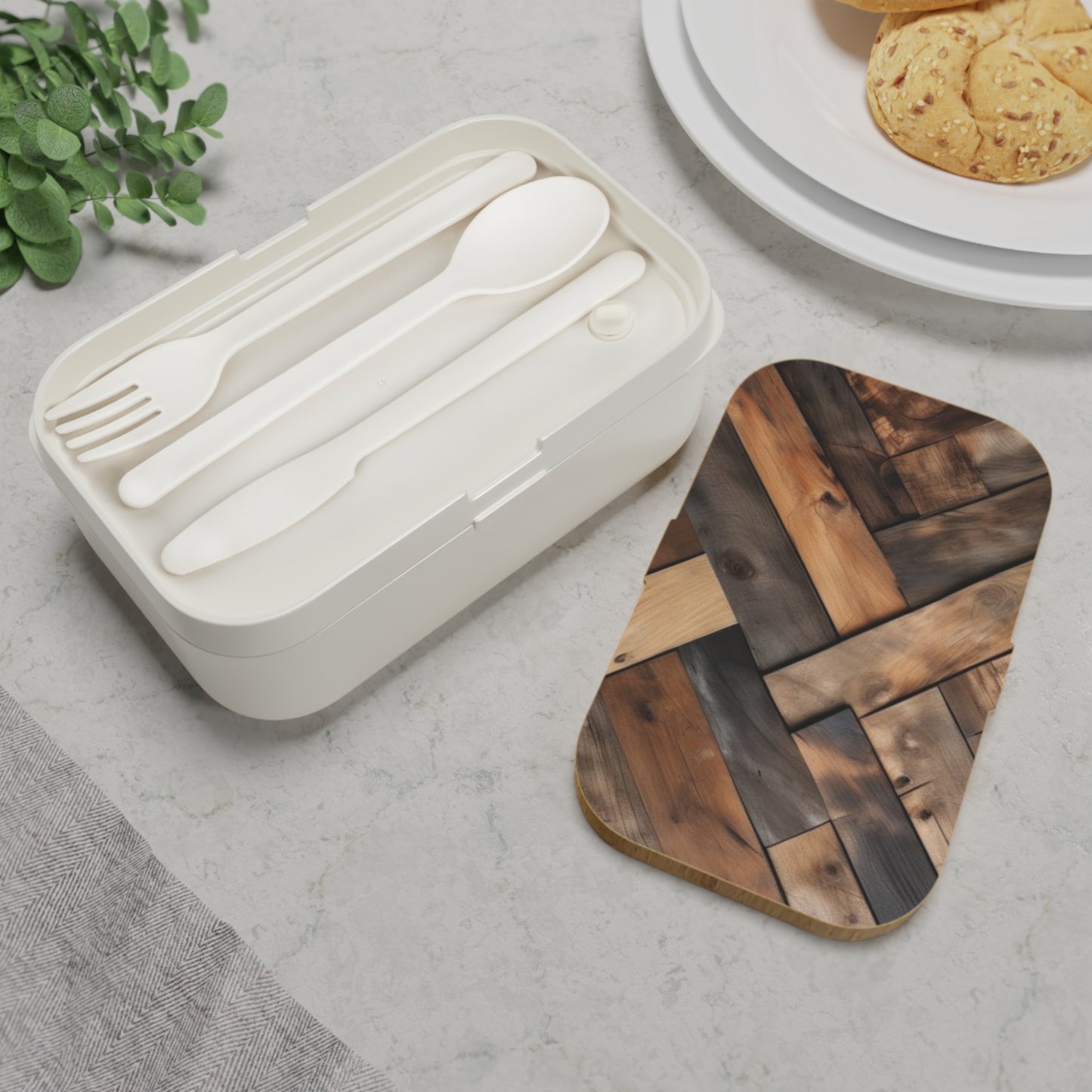 Stylish Bento Box Lunchbox – Portable, Designer Food Container with Wooden Lid & Two Moveable Compartments for Work, School & Picnics