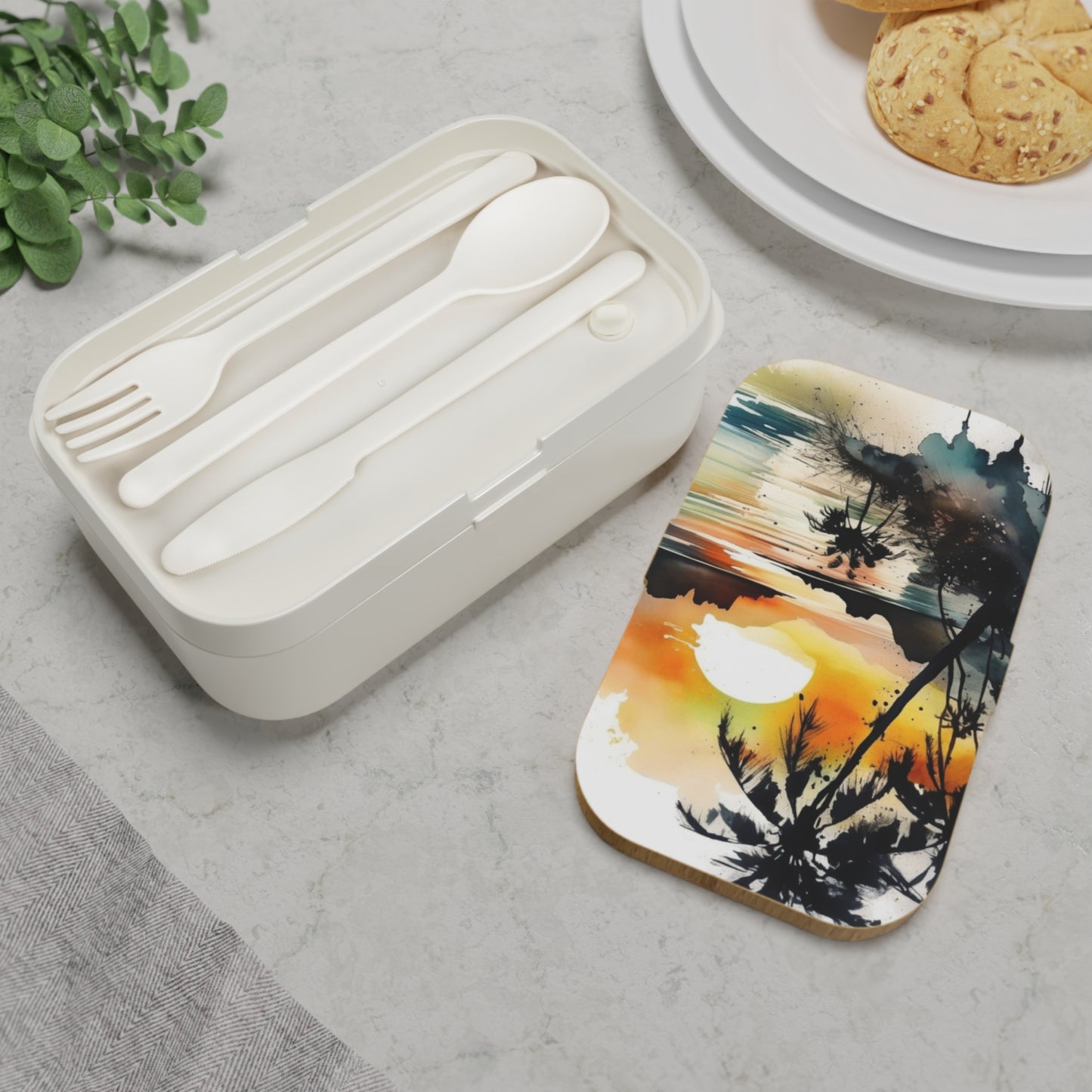 Stylish Bento Box Lunchbox – Portable, Designer Food Container with Wooden Lid & Two Moveable Compartments for Work, School & Picnics