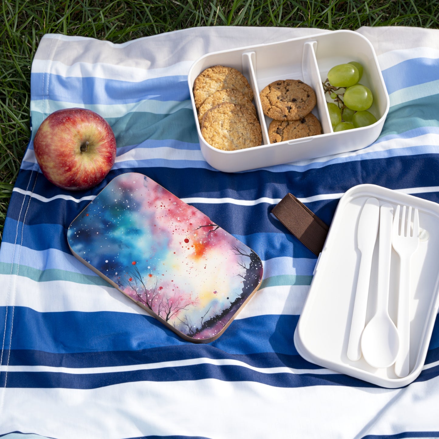 Stylish Bento Box Lunchbox – Portable, Designed Food Container with Wooden Lid & Two Moveable Compartments for Work, School & Picnics