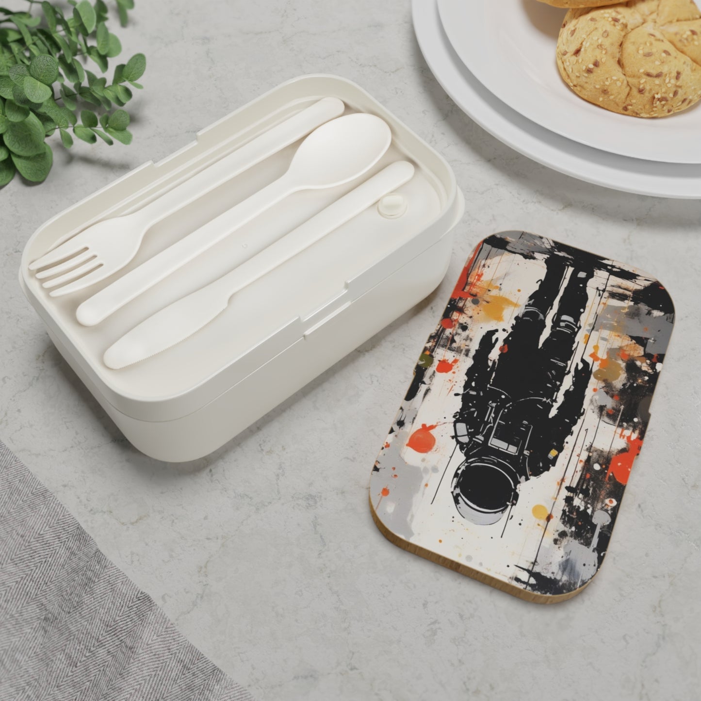 Stylish Bento Box Lunchbox – Portable, Designed Food Container with Wooden Lid & Two Moveable Compartments for Work, School & Picnics