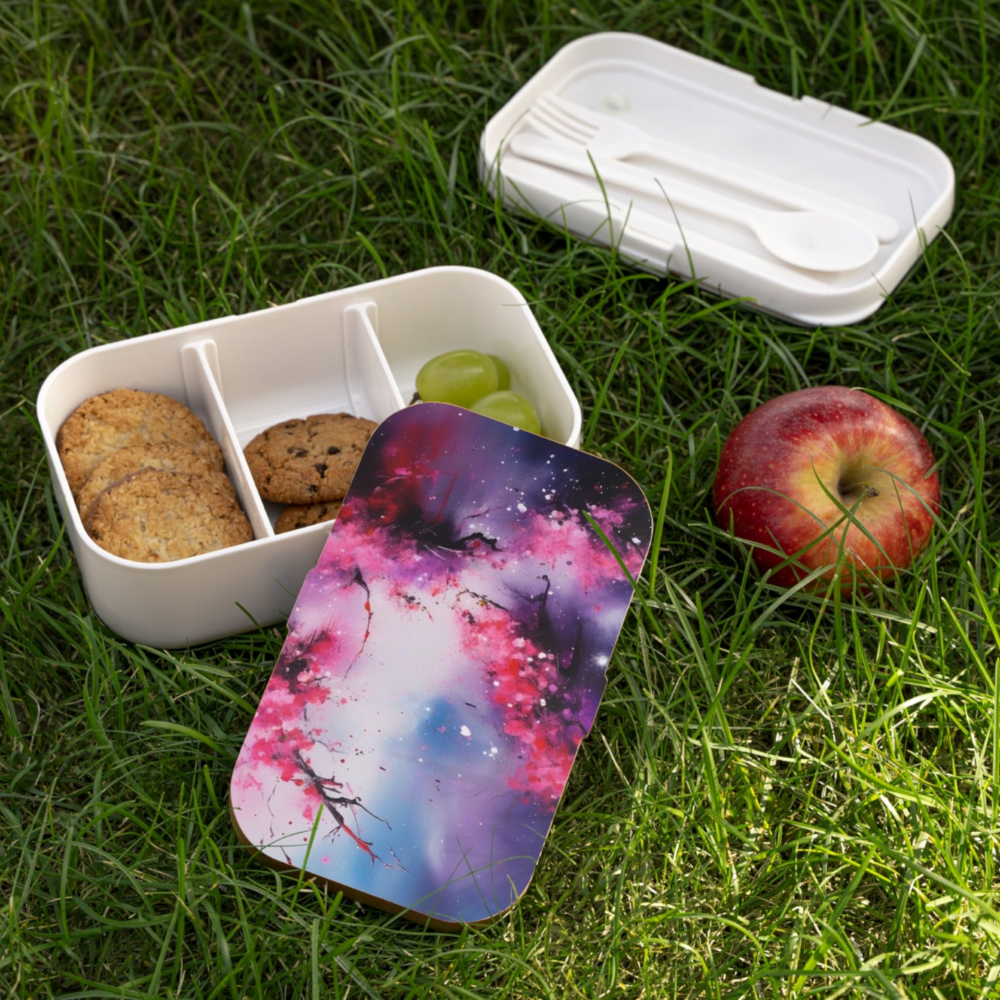 Stylish Bento Box Lunchbox – Portable, Designed Food Container with Wooden Lid & Two Moveable Compartments for Work, School & Picnics