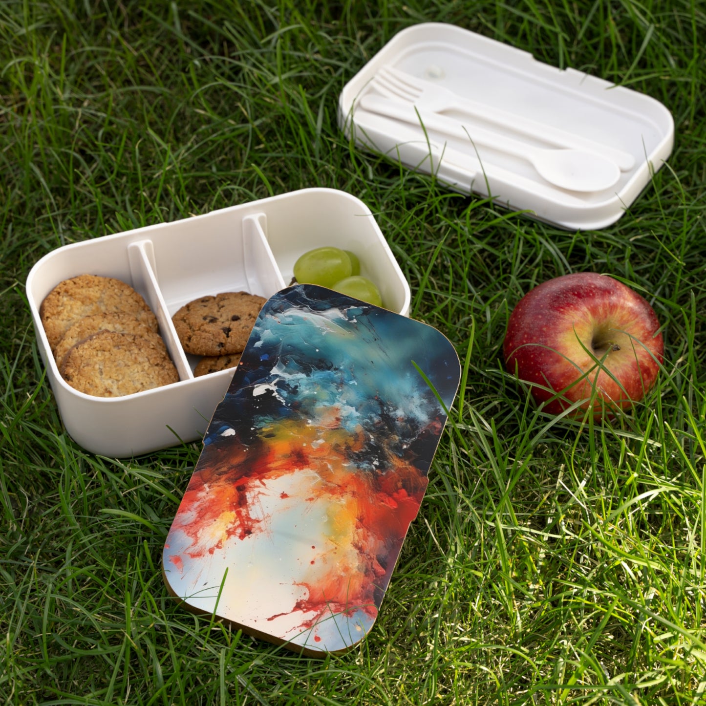Stylish Bento Box Lunchbox – Portable, Designed Food Container with Wooden Lid & Two Moveable Compartments for Work, School & Picnics