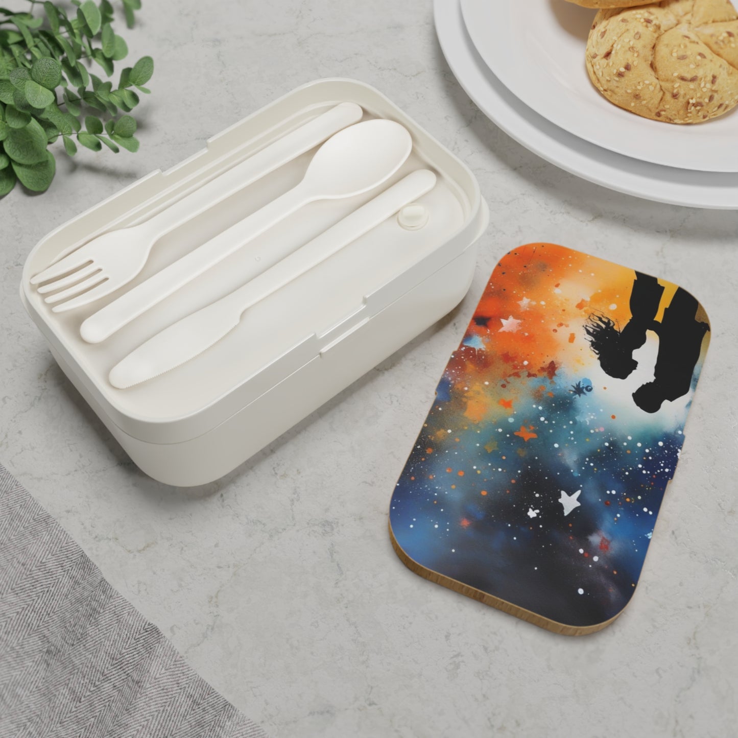 Stylish Bento Box Lunchbox – Portable, Designed Food Container with Wooden Lid & Two Moveable Compartments for Work, School & Picnics