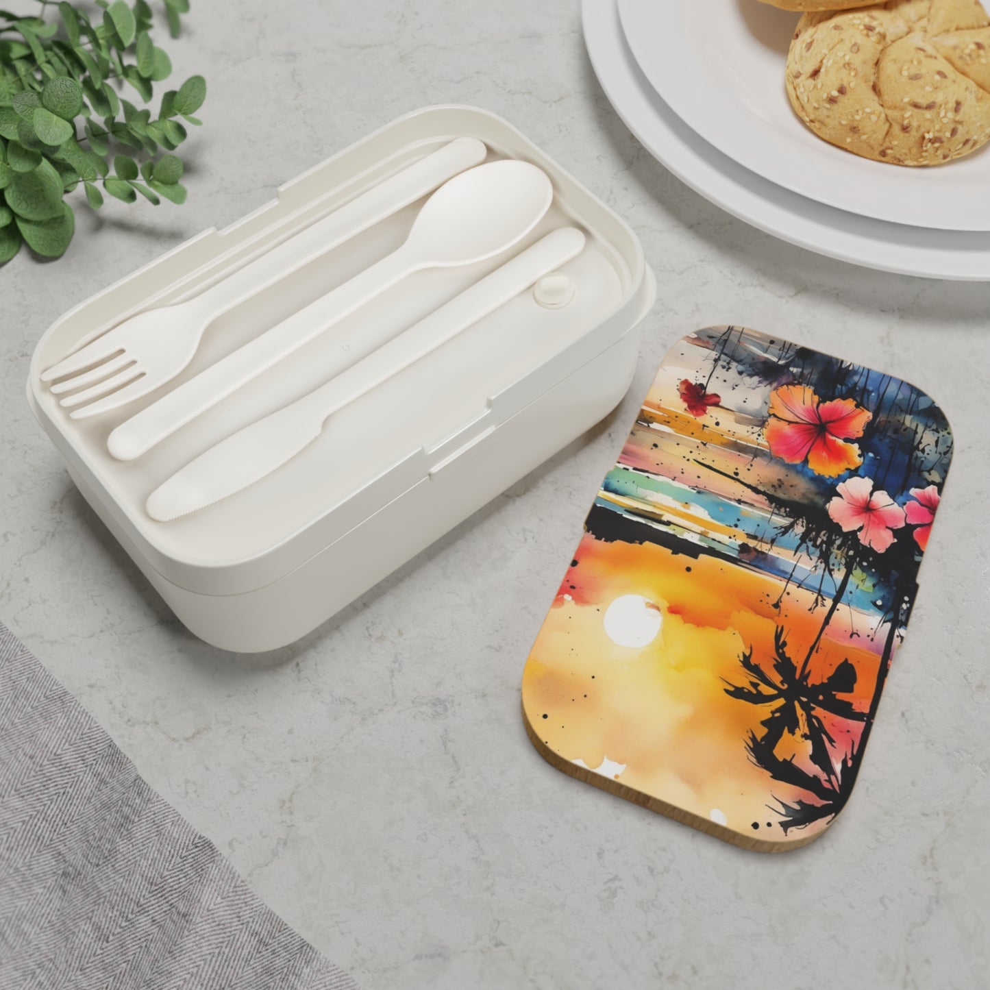 Stylish Bento Box Lunchbox – Portable, Designed Food Container with Wooden Lid & Two Moveable Compartments for Work, School & Picnics