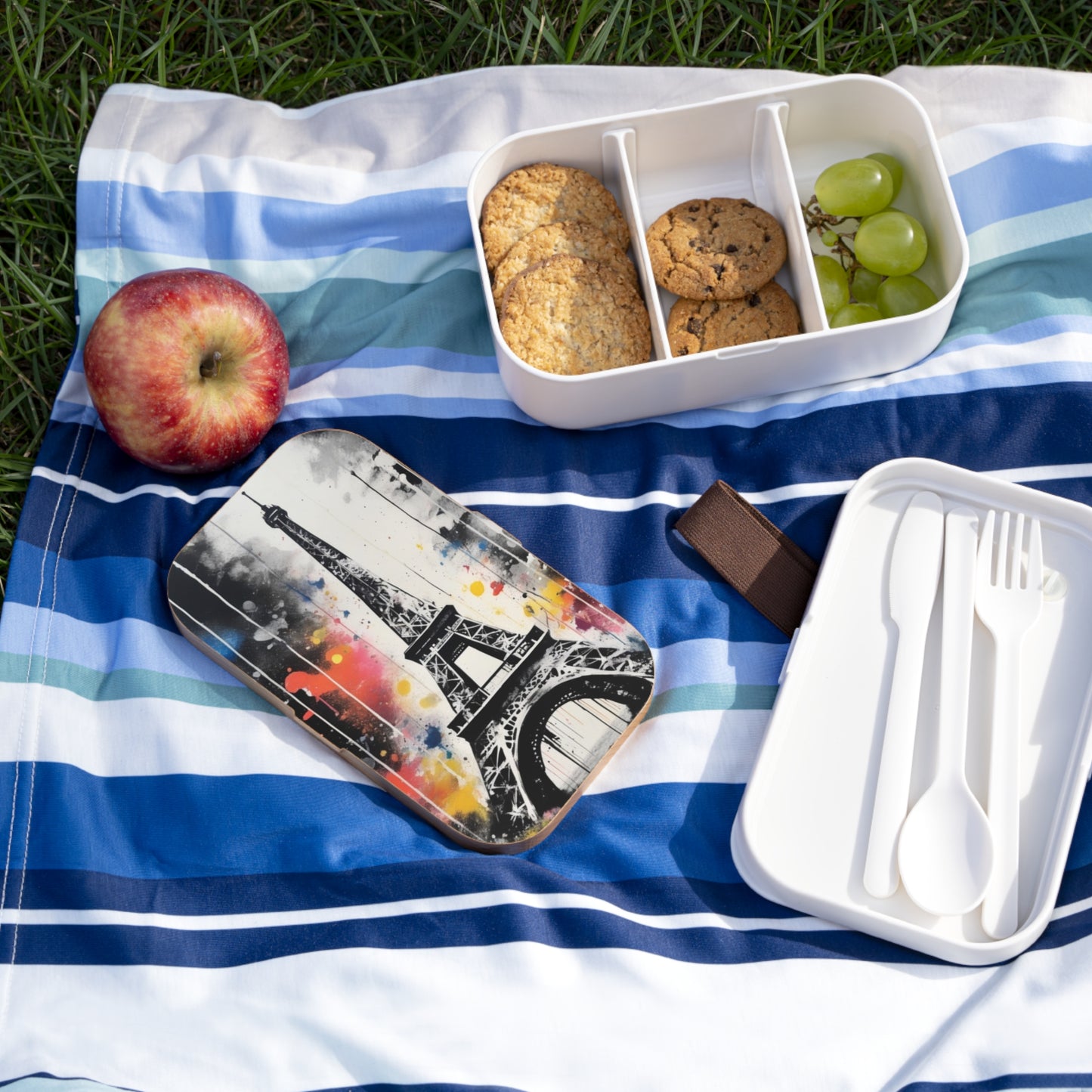Stylish Bento Box Lunchbox – Portable, Designed Food Container with Wooden Lid & Two Moveable Compartments for Work, School & Picnics