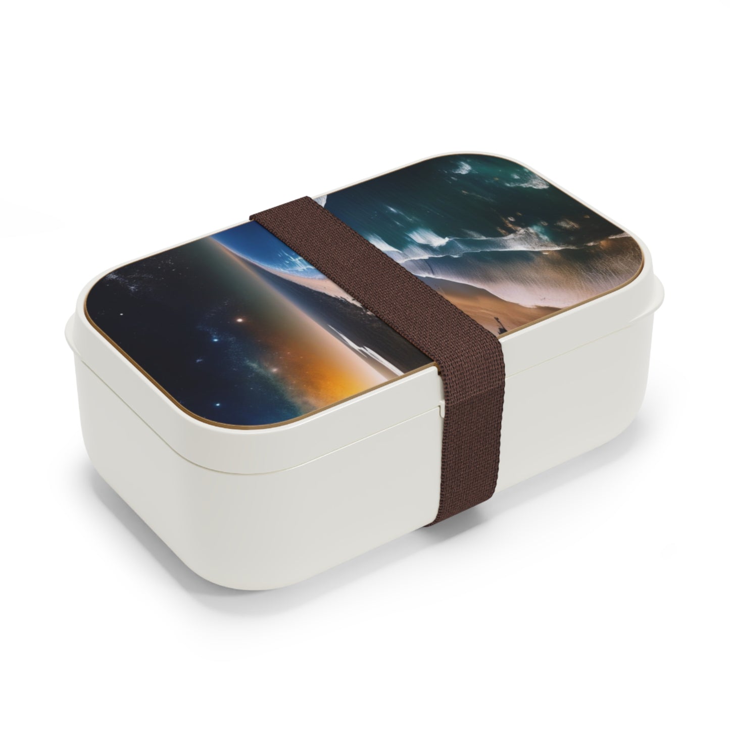 Scenic Ocean Sunset Bento Lunch Box — Beach Wave Landscape Portable Food Container with Wooden Lid & Two Moveable Compartments for Work, School & Picnics
