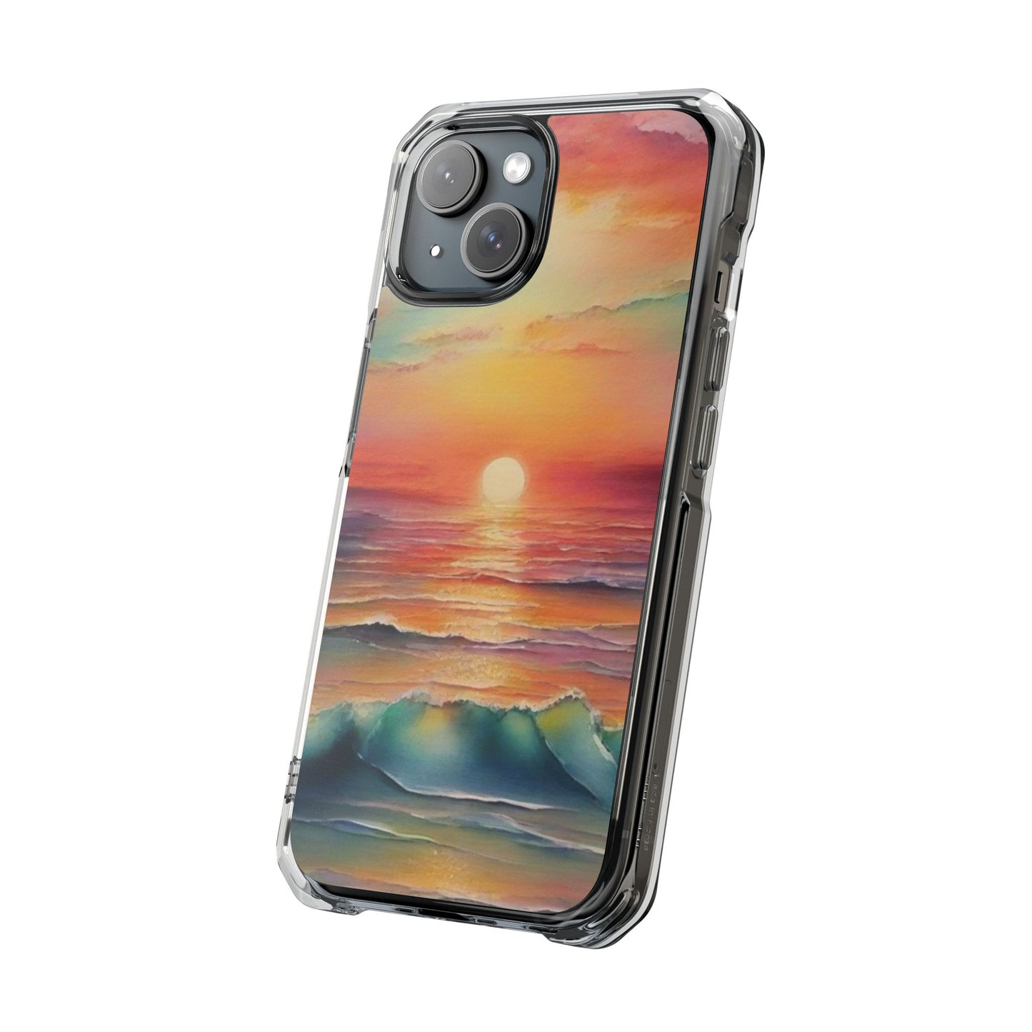 Clear Magnetic Phone Case — Sunset Ocean Art Design. Magnetic Impact Phone Case for iPhone 17/16/15/14. The Embedded Magnet Ring Keeps MagSafe Accessories Snapping on Smoothly.