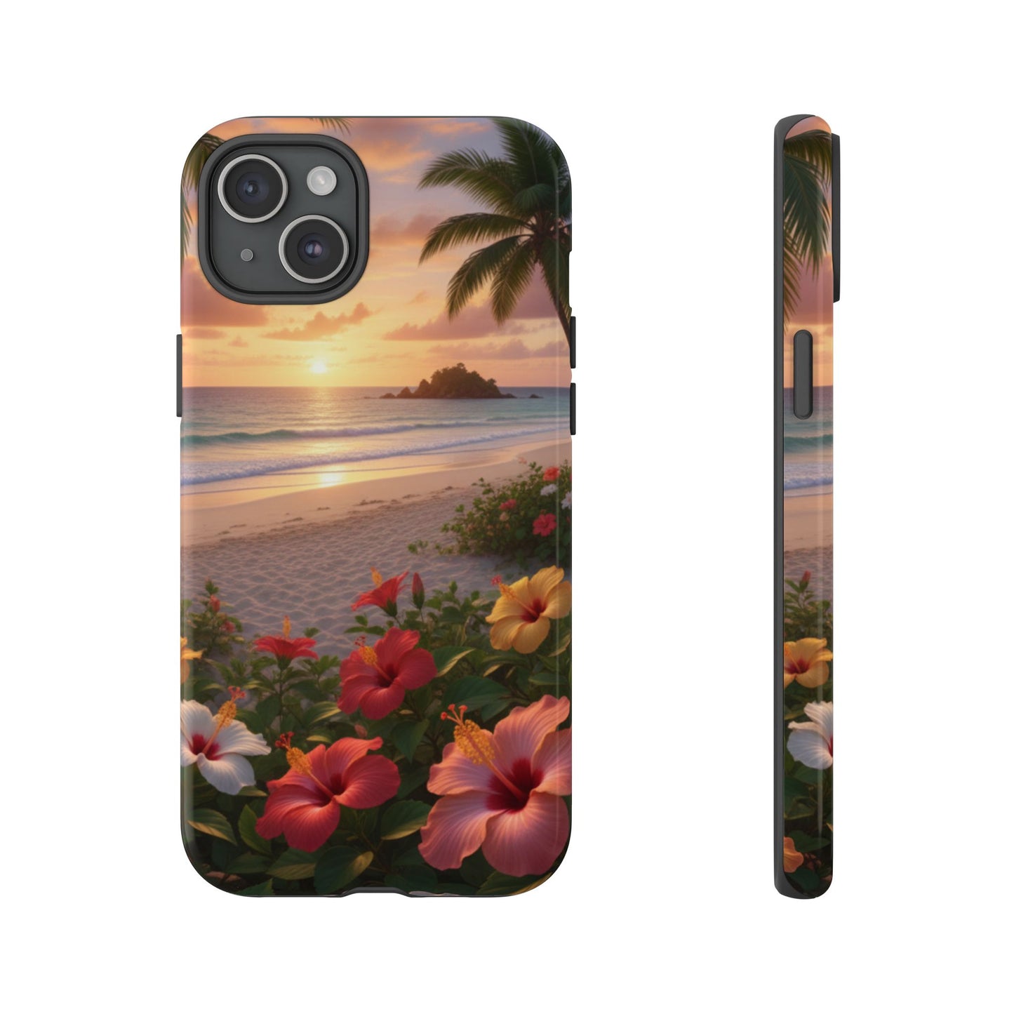 iPhone Tough Cases Phone Cases for iPhone 14\15\16\17 – Dual Layer, Matte/Glossy Finish, Wireless Charging CompatibleTough Cases — Tropical Sunset Hibiscus Phone Case