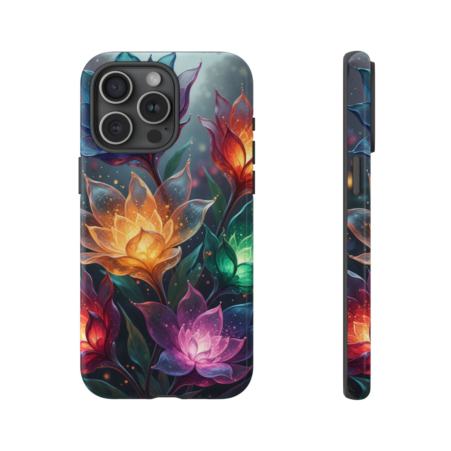 iPhone Tough Cases Phone Cases for iPhone 14\15\16\17 – Dual Layer, Matte/Glossy Finish, Wireless Charging CompatibleFloral Lotus Tough Phone Case - Colorful Glowing Flowers Protective Cover
