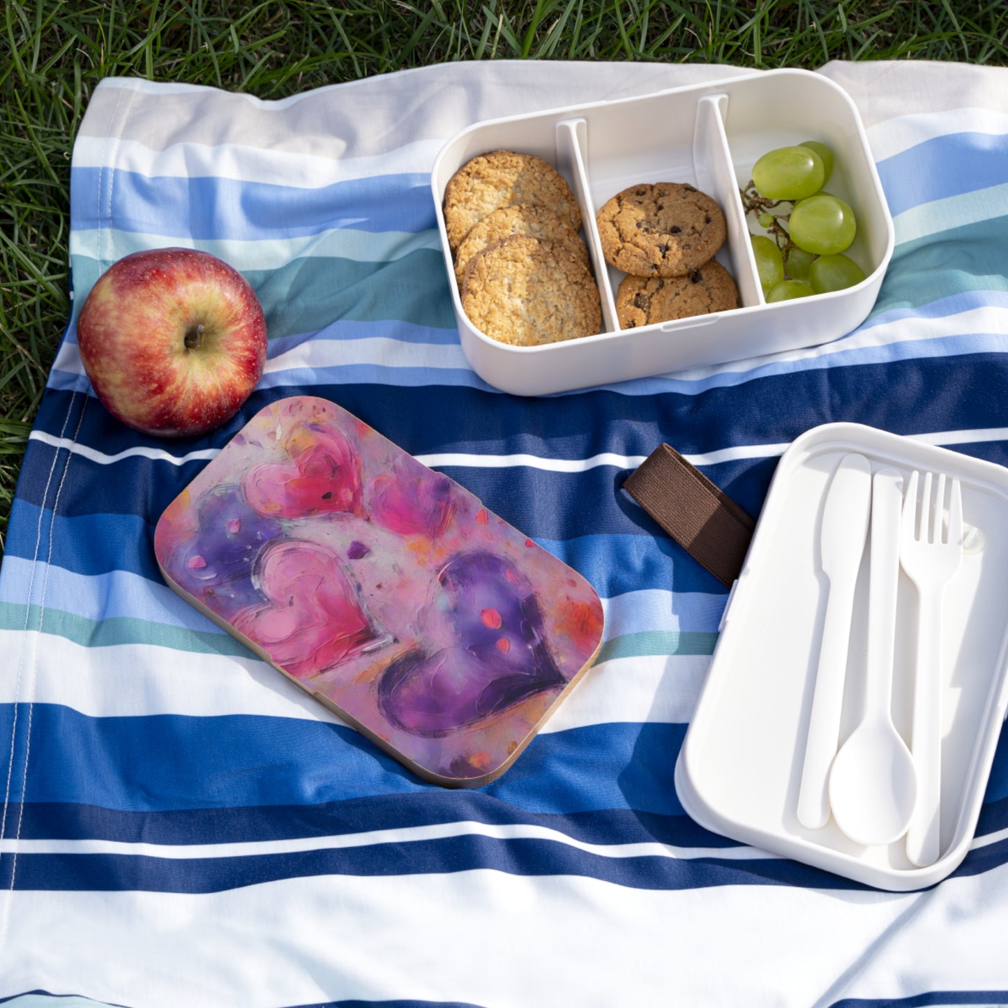 Heart Watercolor Bento Box — Purple & Pink Cute Lunch Box - Portable Food Container with Wooden Lid & Two Moveable Compartments for Work, School & Picnics