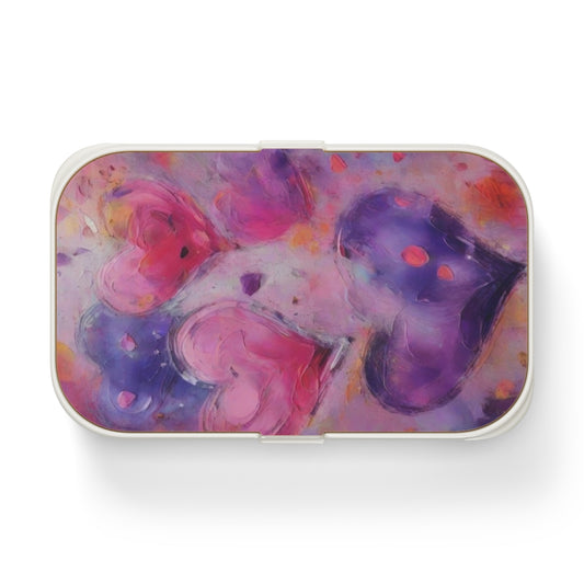 Heart Watercolor Bento Box — Purple & Pink Cute Lunch Box - Portable Food Container with Wooden Lid & Two Moveable Compartments for Work, School & Picnics
