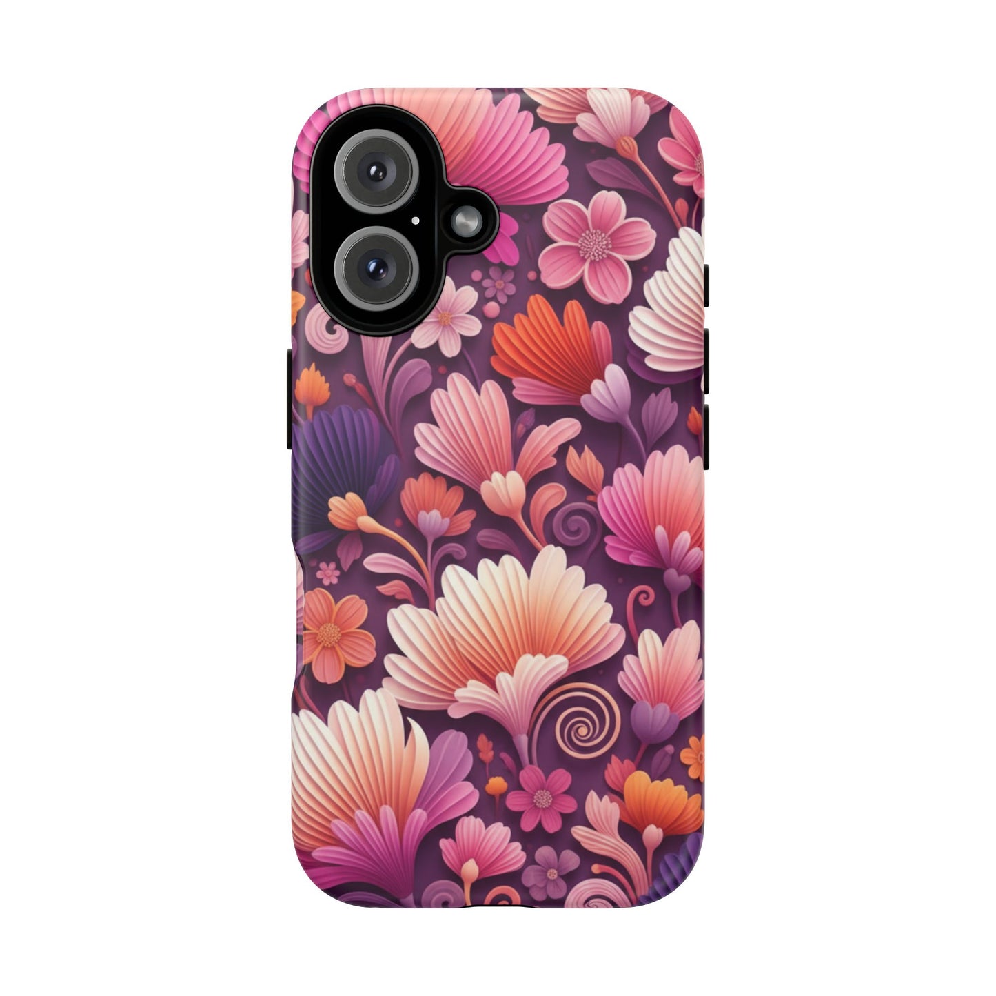 Floral Vibes Phone Case — iPhone Tough Cases Phone Cases for iPhone 14\15\16\17 – Dual Layer, Matte/Glossy Finish, Wireless Charging Compatible. Pink & Purple Retro Blossom Protective Cover