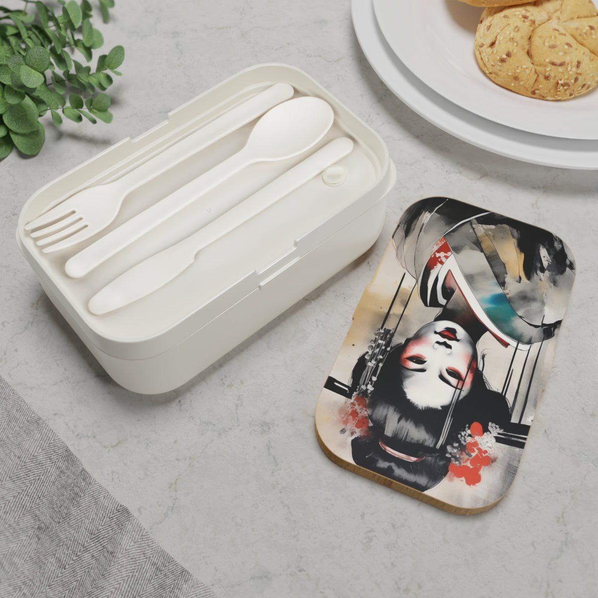 Stylish Bento Box Lunchbox – Portable, Designed Food Container with Wooden Lid & Two Moveable Compartments for Work, School & Picnics