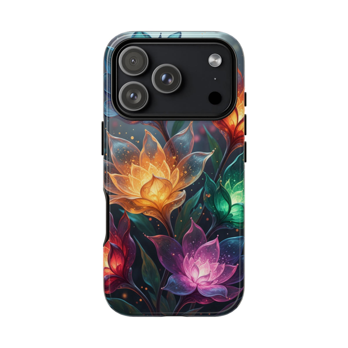 iPhone Tough Cases Phone Cases for iPhone 14\15\16\17 – Dual Layer, Matte/Glossy Finish, Wireless Charging CompatibleFloral Lotus Tough Phone Case - Colorful Glowing Flowers Protective Cover
