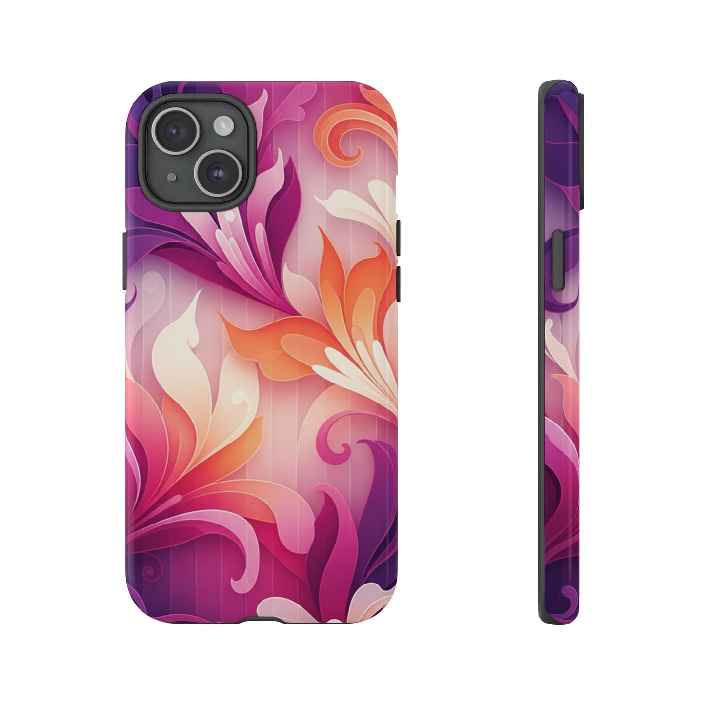 Floral Swirl Tough Phone Case iPhone Tough Cases Phone Cases for iPhone 14\15\16\17 – Dual Layer, Matte/Glossy Finish, Wireless Charging Compatible — Pink & Orange Protective iPhone Cover
