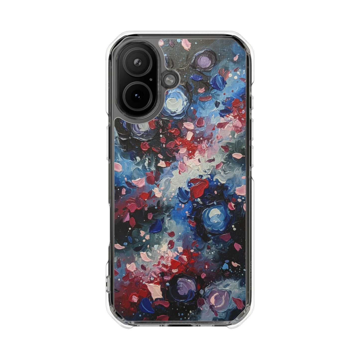 Magnetic Impact Phone Case for iPhone 17/16/15/14 Clear Magnetic Impact Phone Case — Abstract Red & Blue Galaxy Design