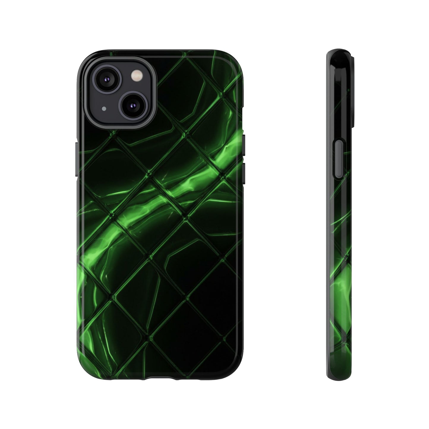 iPhone Tough Cases Phone Cases for iPhone 14\15\16\17 – Dual Layer, Matte/Glossy Finish, Wireless Charging Compatible. Green Neon Grid Phone Case — Protective Tough Case with Abstract Glow Design