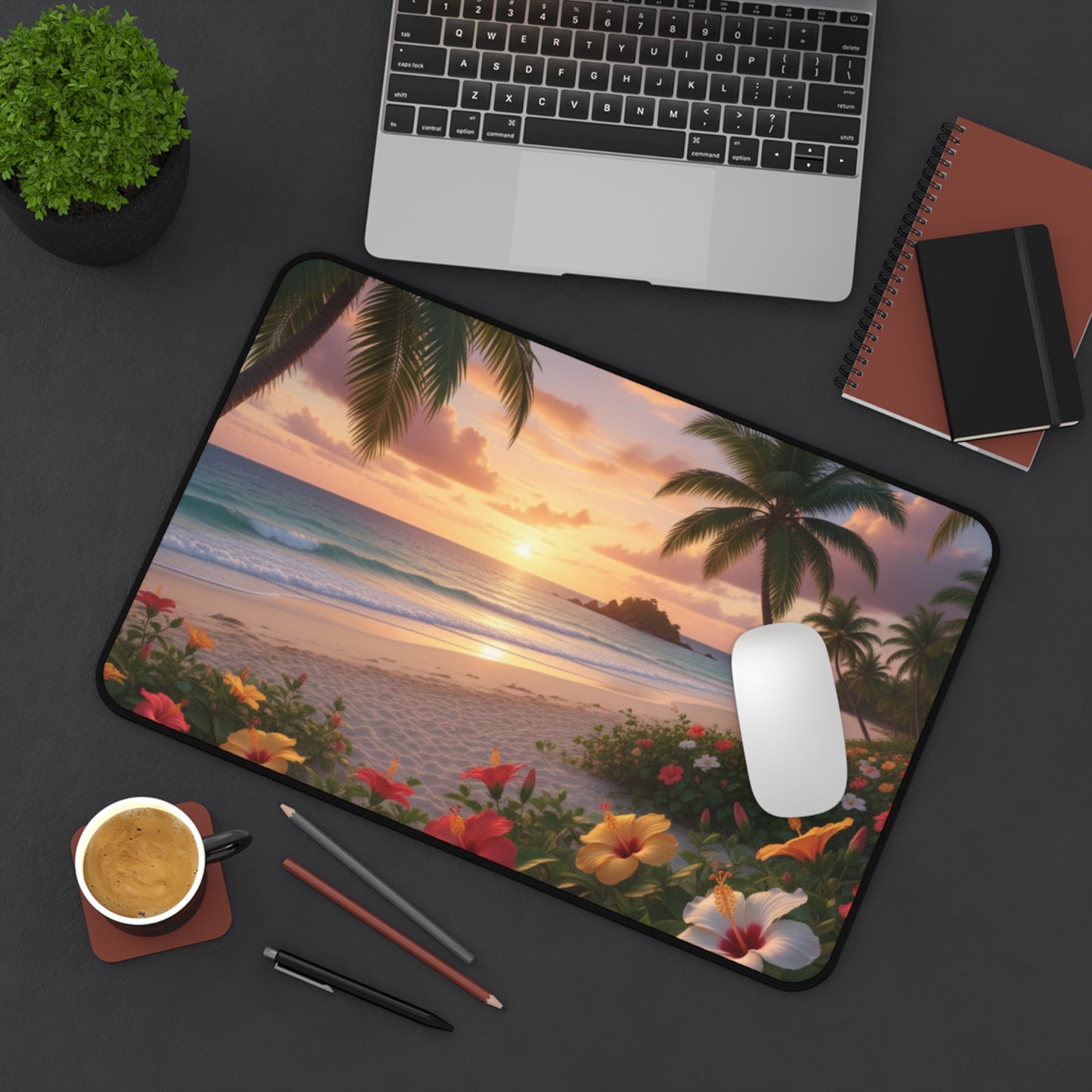 Large Gaming Mouse Pad – Premium Mouse Pad & Tech Accessory for Home & Office, Premium Desk Mat, Gaming Mouse Pad, Non-slip, Tropical Sunset Beach Desk Mat — Scenic Palm Tree & Hibiscus Mouse Pad