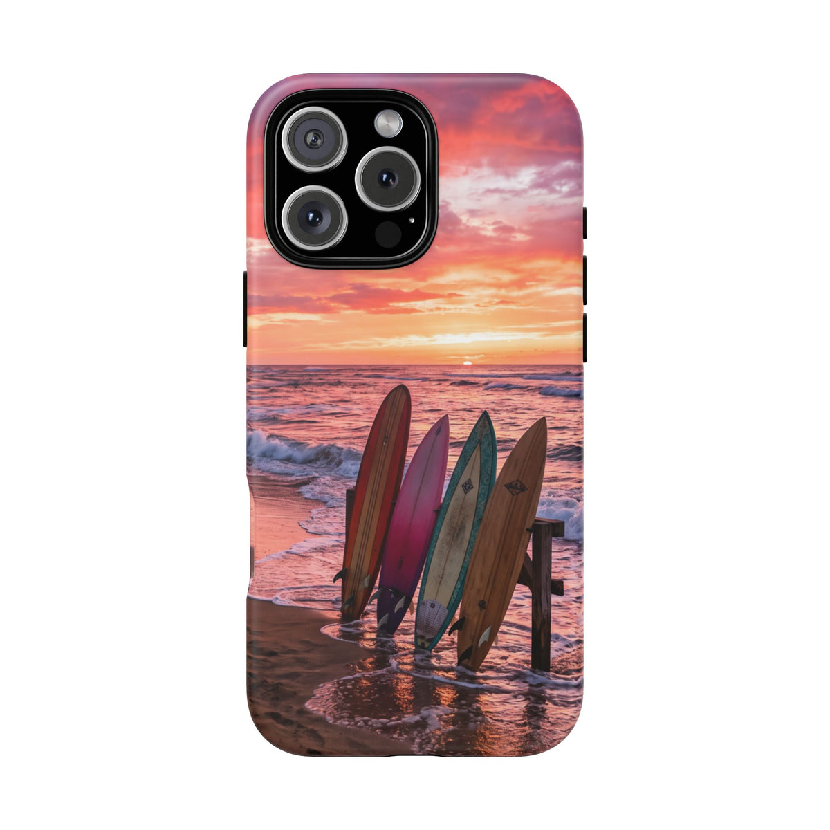 iPhone Tough Cases Phone Cases for iPhone 16\17\18 – Dual Layer, Matte/Glossy Finish, Wireless Charging Compatible. Phone Case - Sunset Surfboard Beach Case