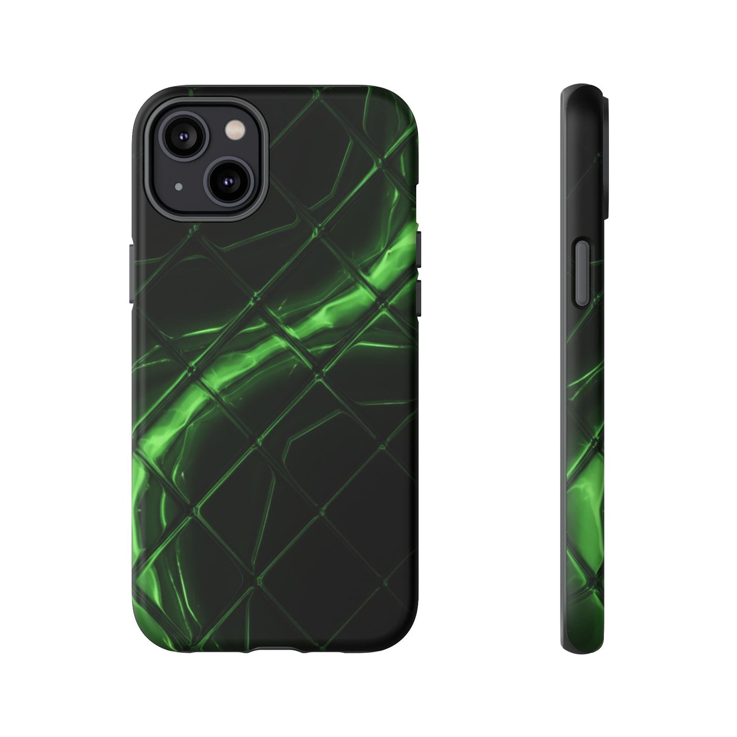 iPhone Tough Cases Phone Cases for iPhone 14\15\16\17 – Dual Layer, Matte/Glossy Finish, Wireless Charging Compatible. Green Neon Grid Phone Case — Protective Tough Case with Abstract Glow Design