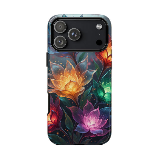 iPhone Tough Cases Phone Cases for iPhone 14\15\16\17 – Dual Layer, Matte/Glossy Finish, Wireless Charging CompatibleFloral Lotus Tough Phone Case - Colorful Glowing Flowers Protective Cover