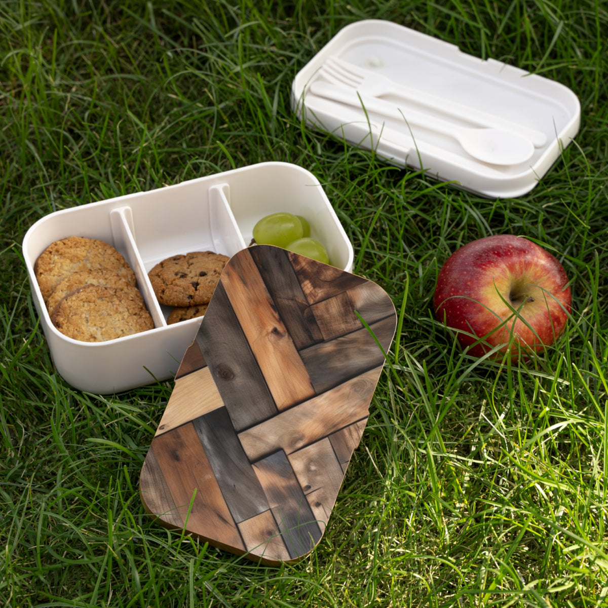 Stylish Bento Box Lunchbox – Portable, Designer Food Container with Wooden Lid & Two Moveable Compartments for Work, School & Picnics