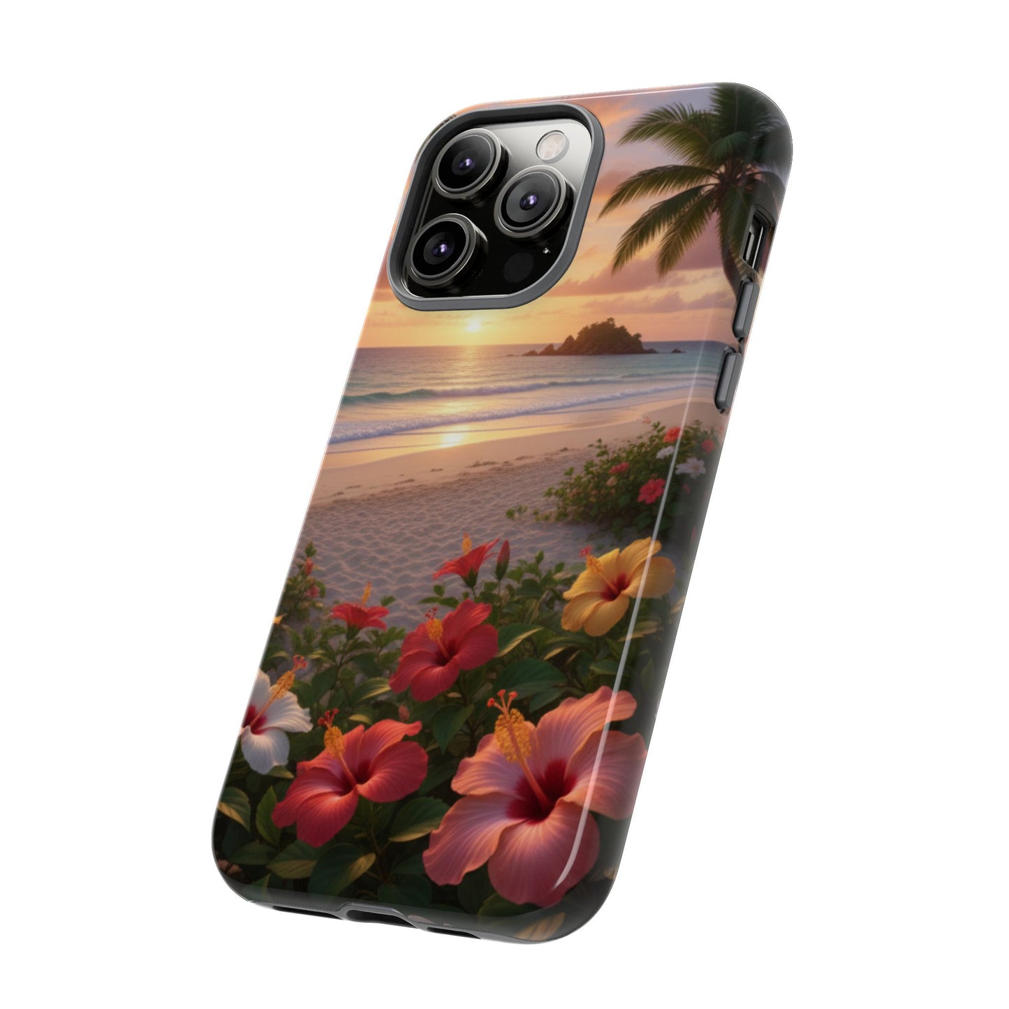 iPhone Tough Cases Phone Cases for iPhone 14\15\16\17 – Dual Layer, Matte/Glossy Finish, Wireless Charging CompatibleTough Cases — Tropical Sunset Hibiscus Phone Case