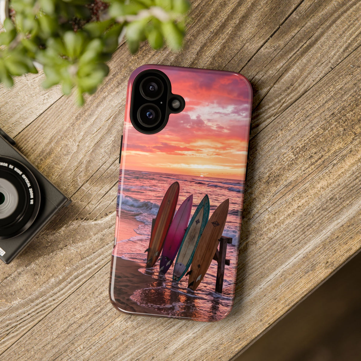 iPhone Tough Cases Phone Cases for iPhone 16\17\18 – Dual Layer, Matte/Glossy Finish, Wireless Charging Compatible. Phone Case - Sunset Surfboard Beach Case
