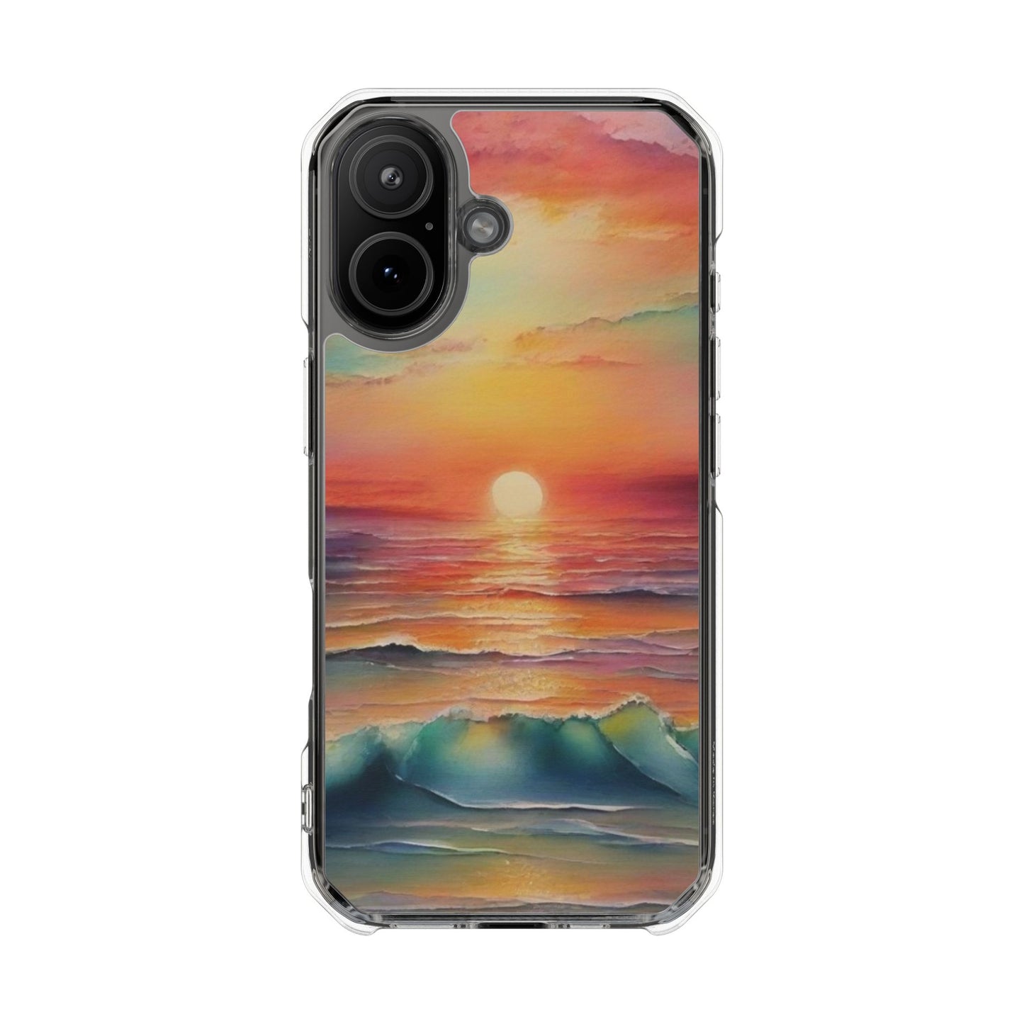 Clear Magnetic Phone Case — Sunset Ocean Art Design. Magnetic Impact Phone Case for iPhone 17/16/15/14. The Embedded Magnet Ring Keeps MagSafe Accessories Snapping on Smoothly.